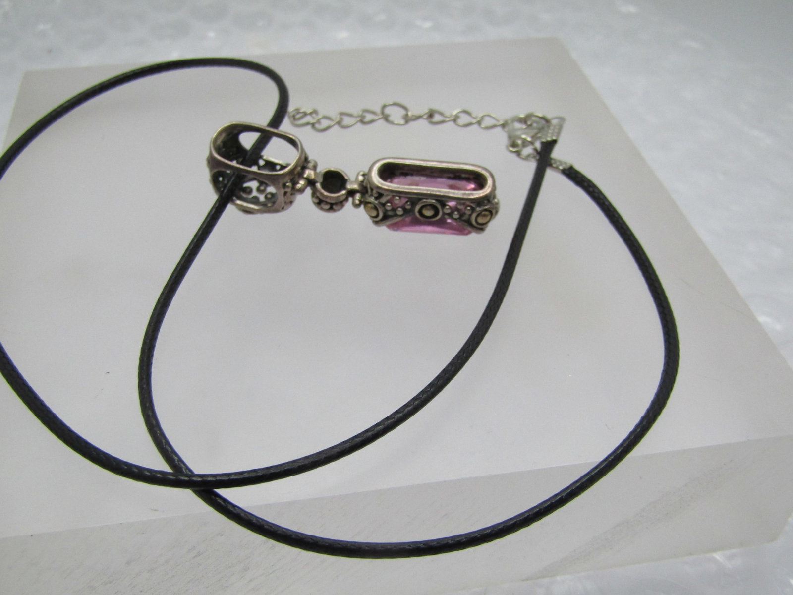 Vintage Sterling Pink Glass Slide Necklce, 20". Bali/Boho Themed - 7