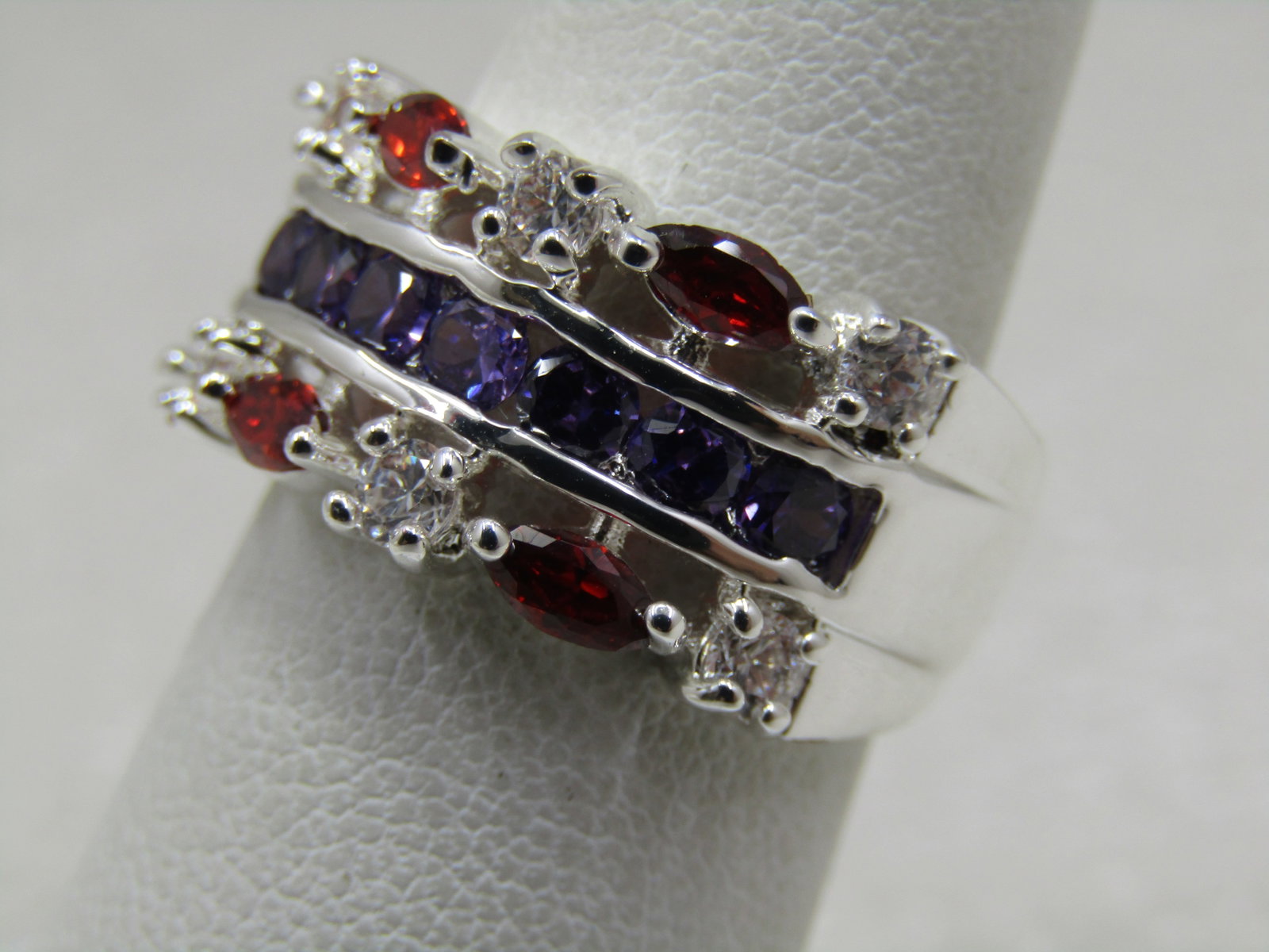 Silver Plated Rhinestone Band Ring, Red/Purple/Clear, Sz. 6.75, Cigar Band - 3