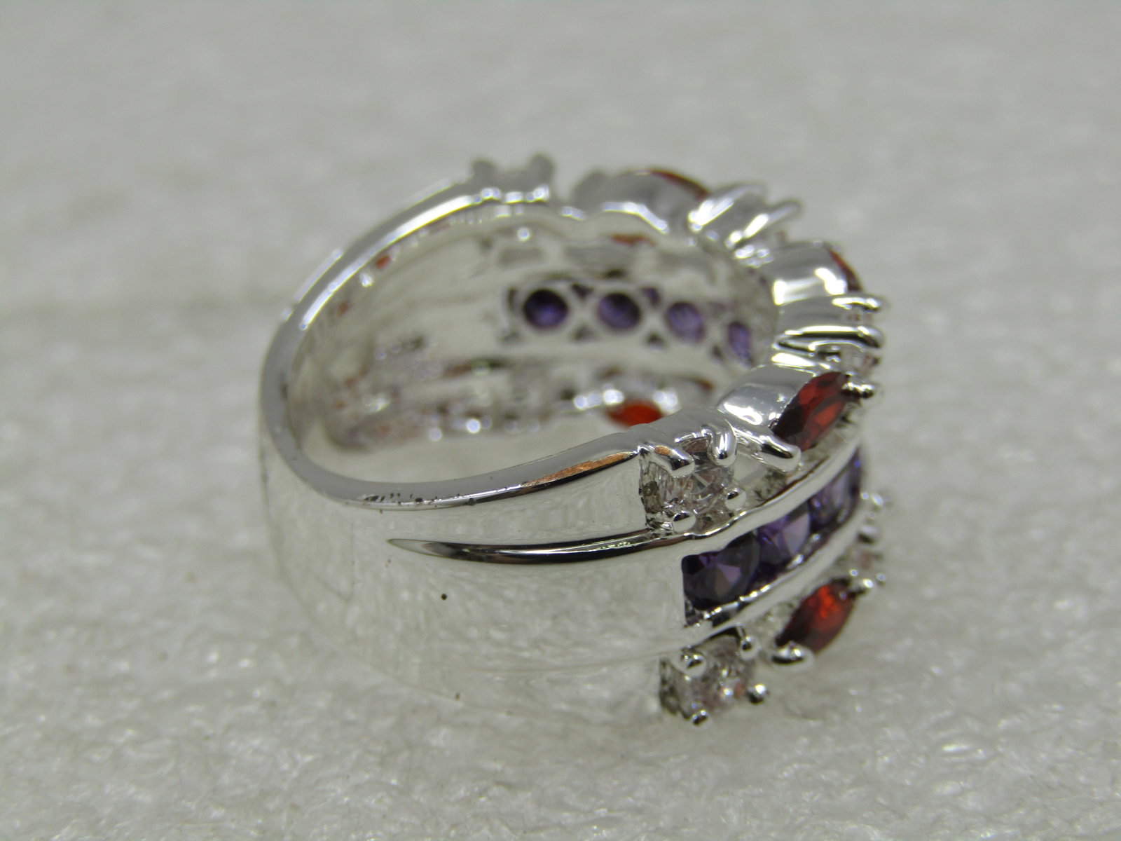 Silver Plated Rhinestone Band Ring, Red/Purple/Clear, Sz. 6.75, Cigar Band - 6