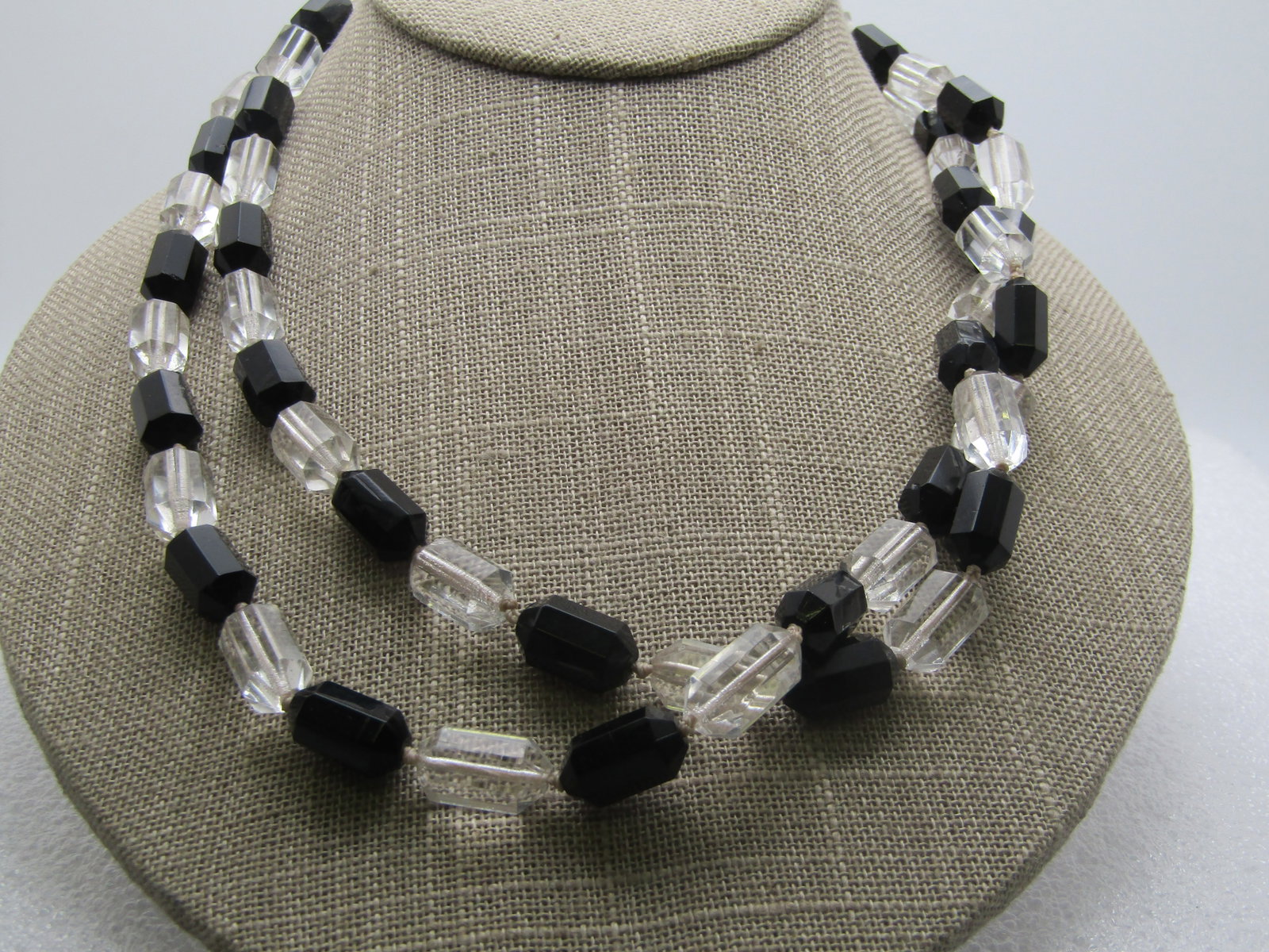Vintage Black and Clear Glass Beaded Necklace with Drop, 44": Title: Vintage Black and Clear Glass Beaded Necklace with Drop, 44" Description: Vintage Black and Clear Glass Beaded Necklace with Drop, 44". The clear beads are 14mm long with pointed ends and 8mm a