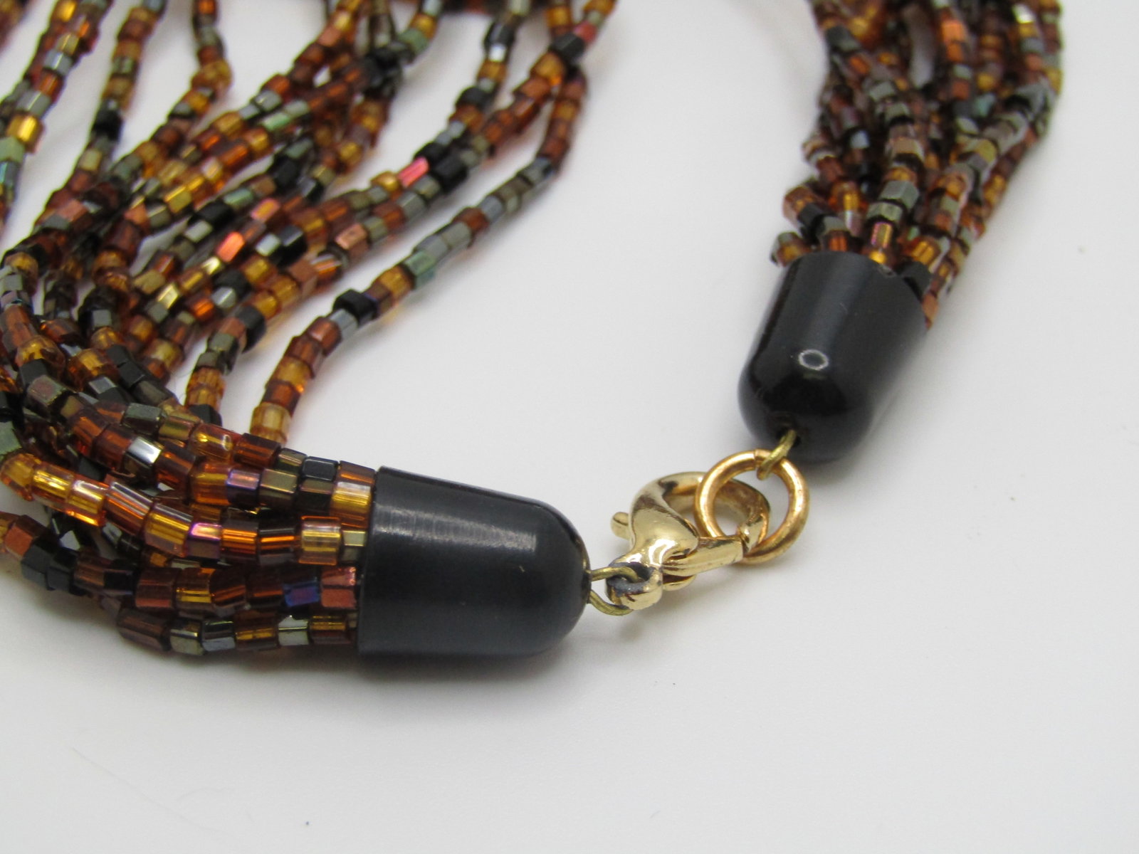 Vintage 12 Strand Amber & Black Beaded Necklace, Glass Seed Beads, 1980's-1990's - 5