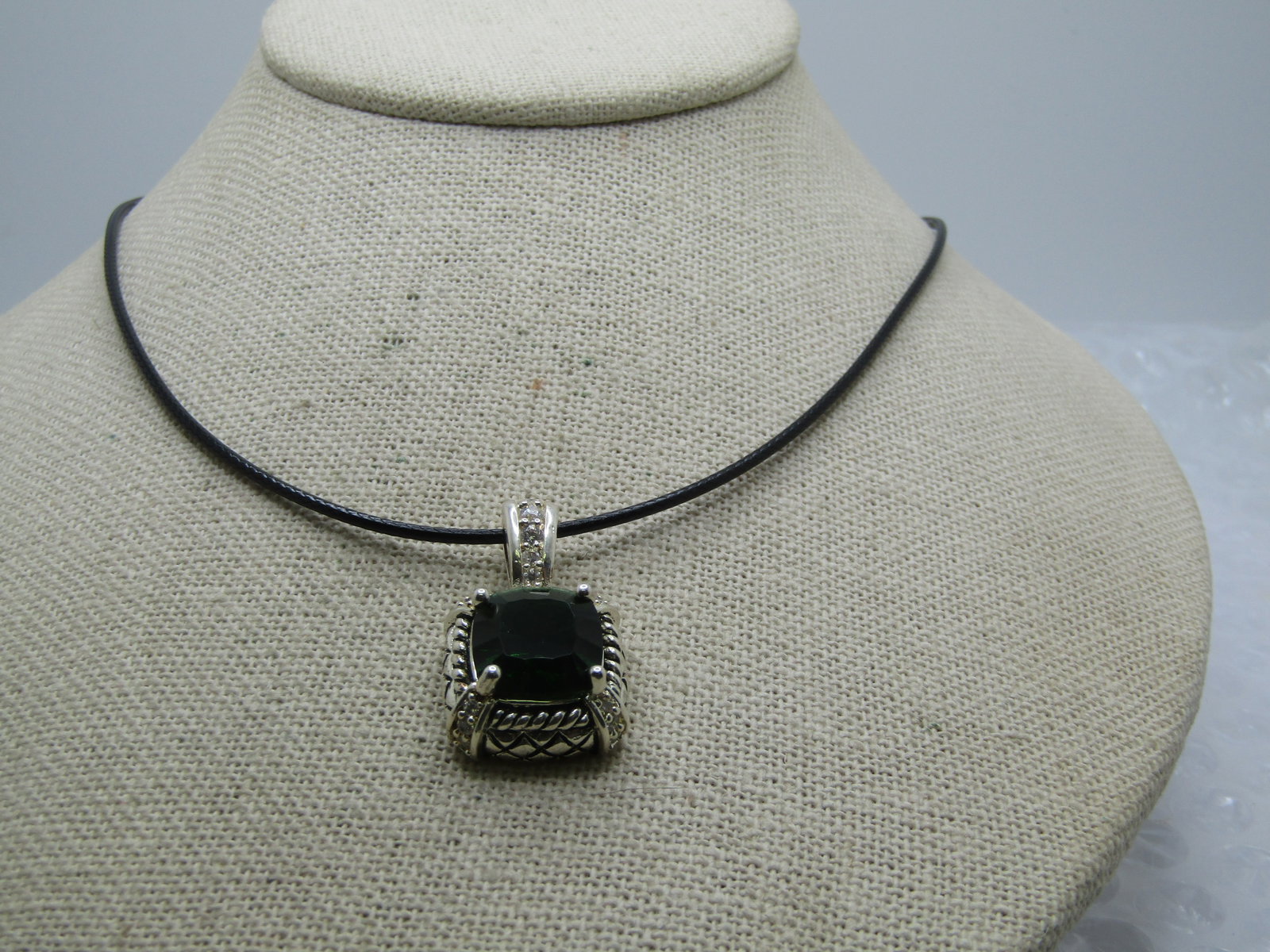Silver Plated Green & Clear Rhinestone Necklace, 20" Black Cord - 2
