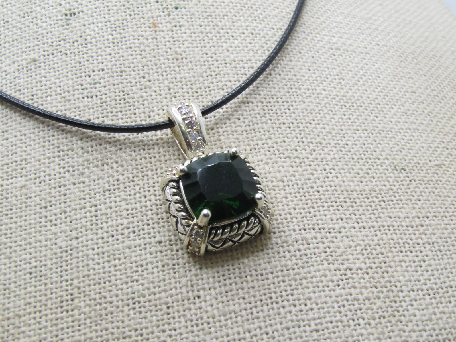 Silver Plated Green & Clear Rhinestone Necklace, 20" Black Cord - 3