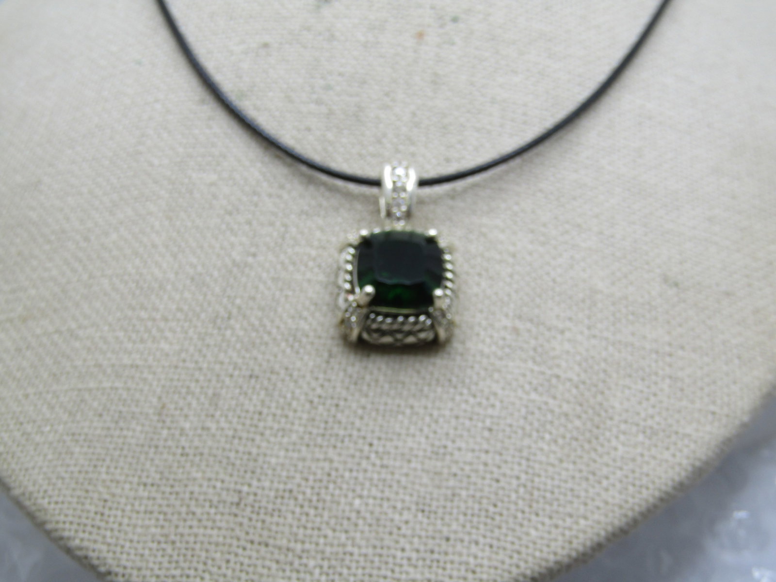 Silver Plated Green & Clear Rhinestone Necklace, 20" Black Cord - 4