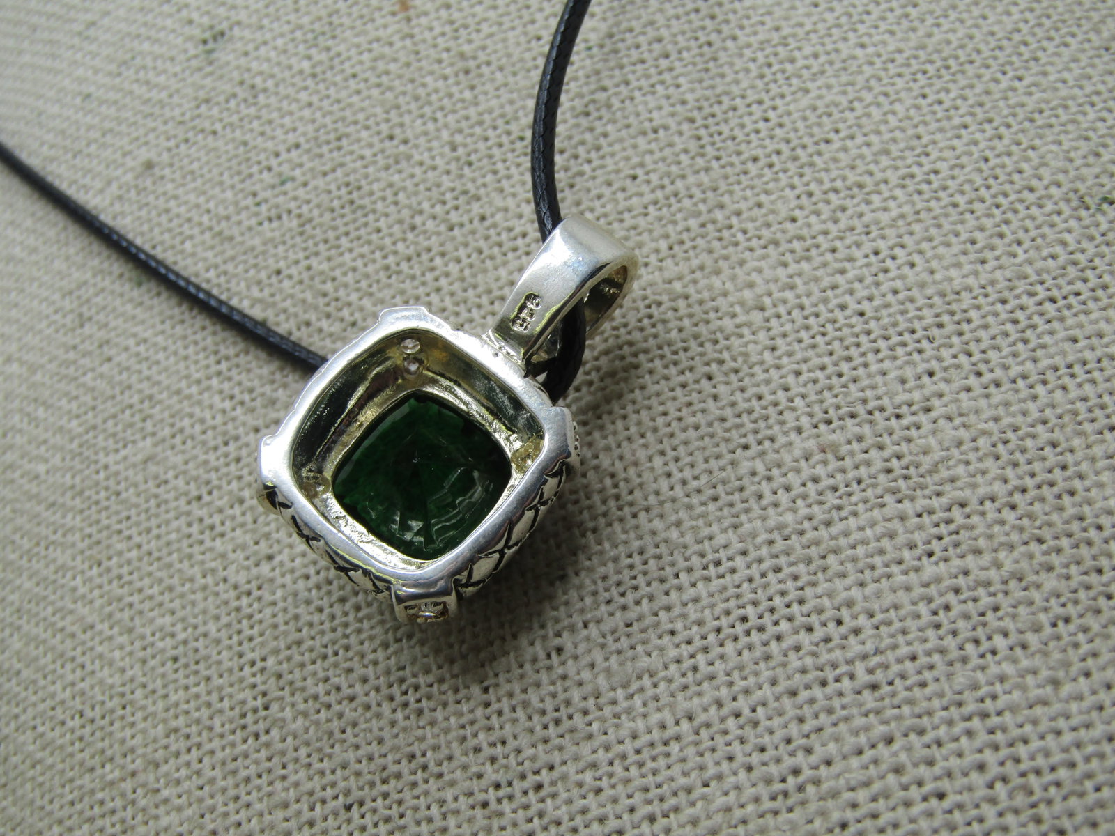 Silver Plated Green & Clear Rhinestone Necklace, 20" Black Cord - 5