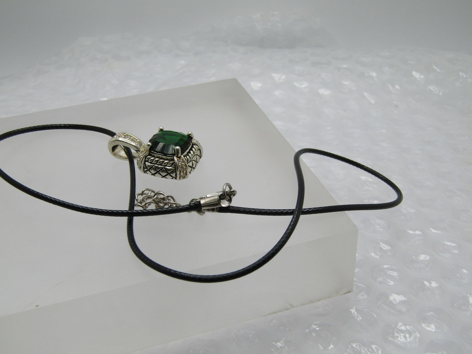 Silver Plated Green & Clear Rhinestone Necklace, 20" Black Cord - 7