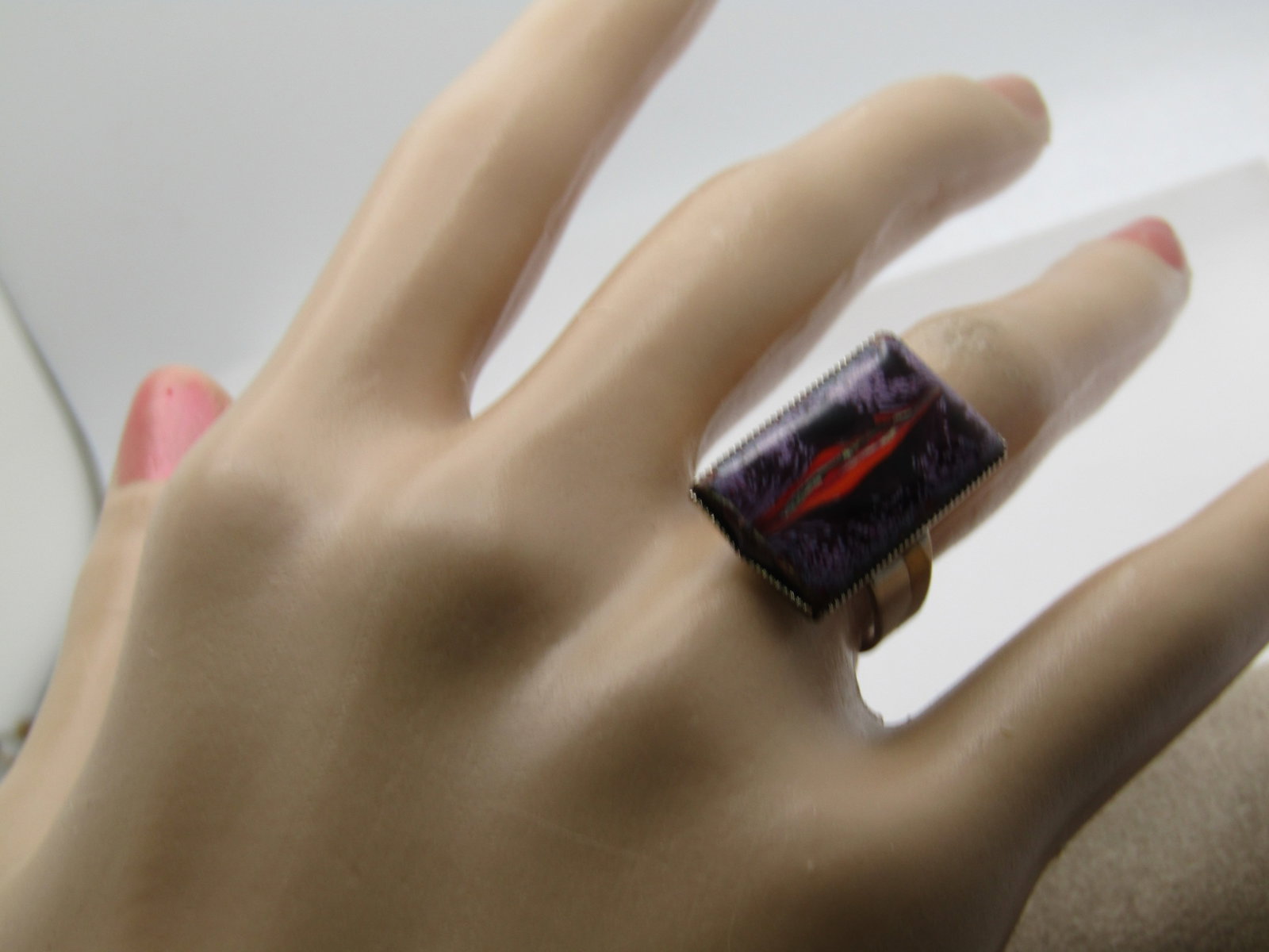 Vintage Multi-Colored Glass Ring, Adjustable, Rectangular, Unisex, 1970's - 5