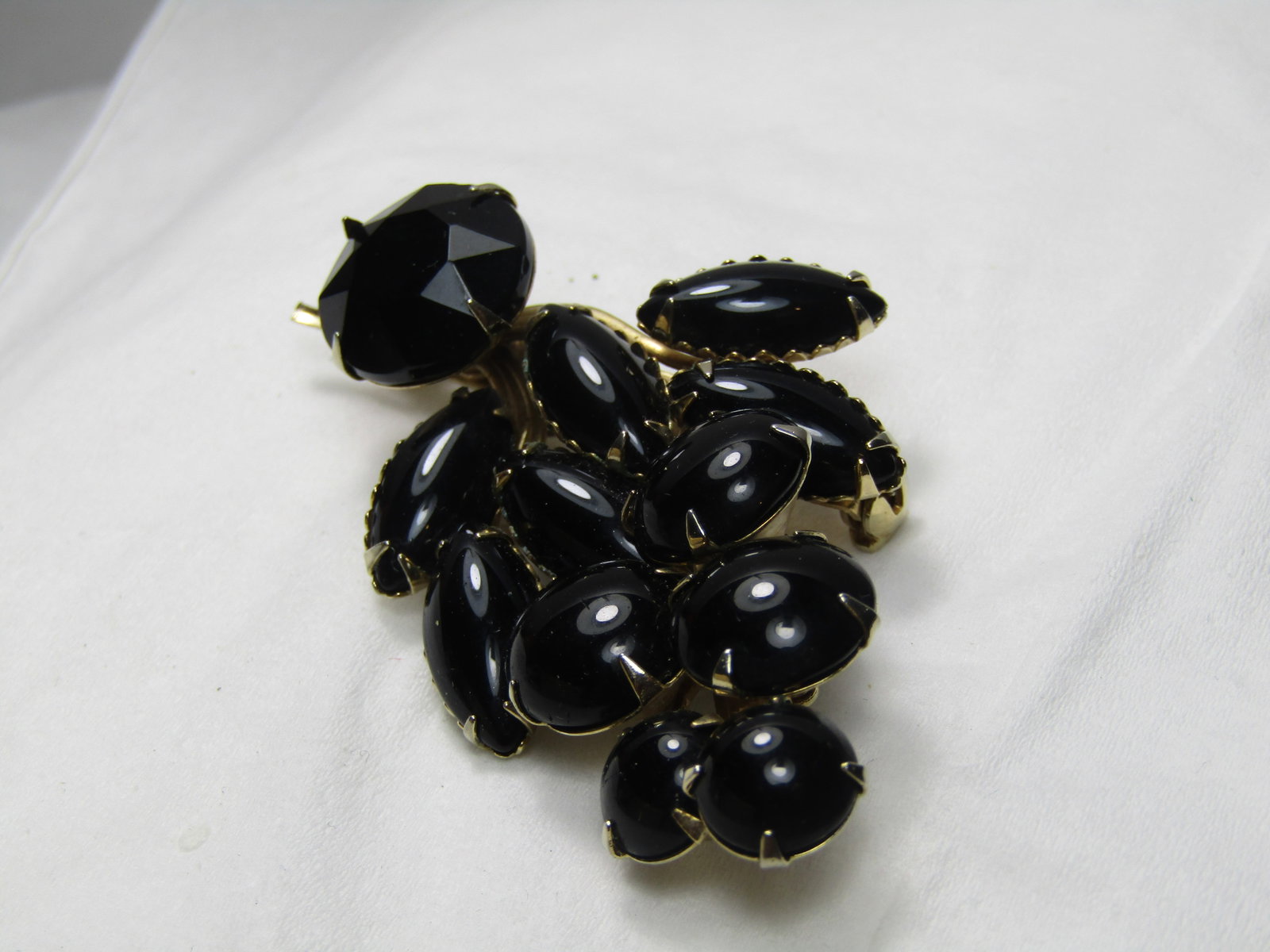 Vintage Black Glass Navette & Round Art Deco Brooch, 1960's, 2.5" - 3