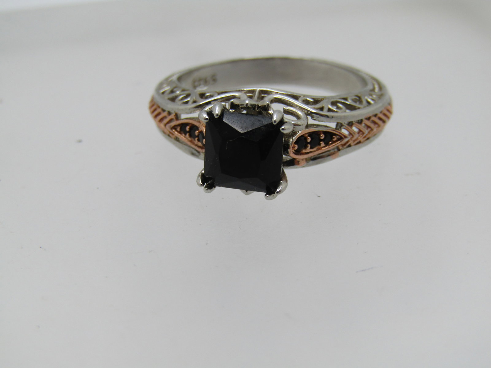Silver Fashion Ring , Black Glass Ring, Filigree, Sz. 10.25, Two-Tone - 7