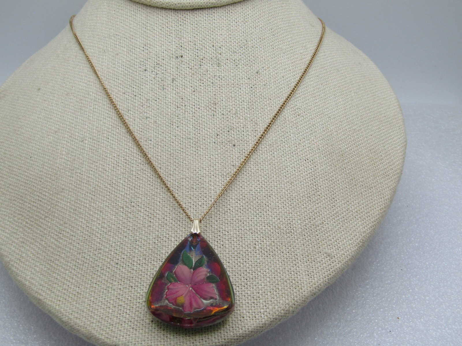 Vintage Reverse Pressed Glass Floral Painted Necklace, 18", 1960's-1970's - 2