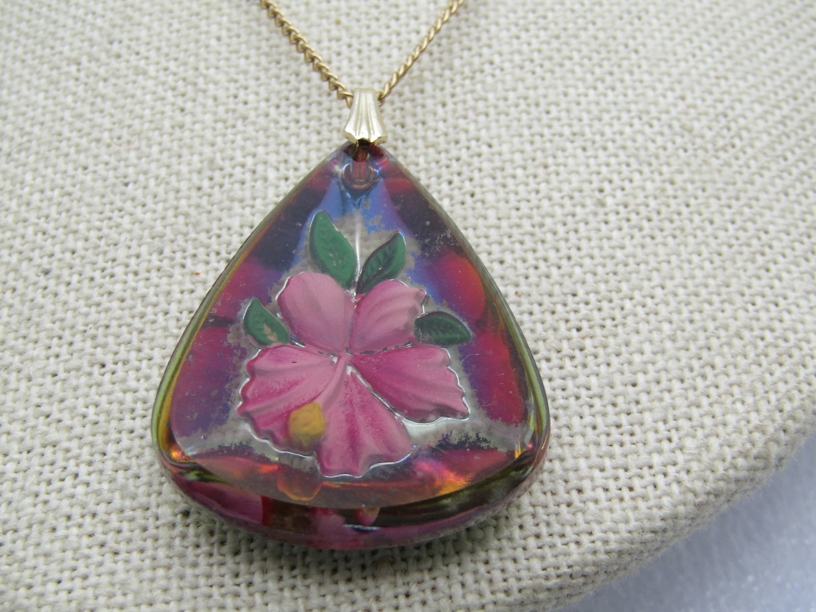 Vintage Reverse Pressed Glass Floral Painted Necklace, 18", 1960's-1970's - 3