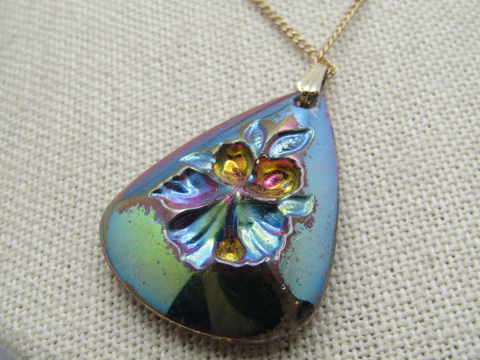 Vintage Reverse Pressed Glass Floral Painted Necklace, 18", 1960's-1970's - 4