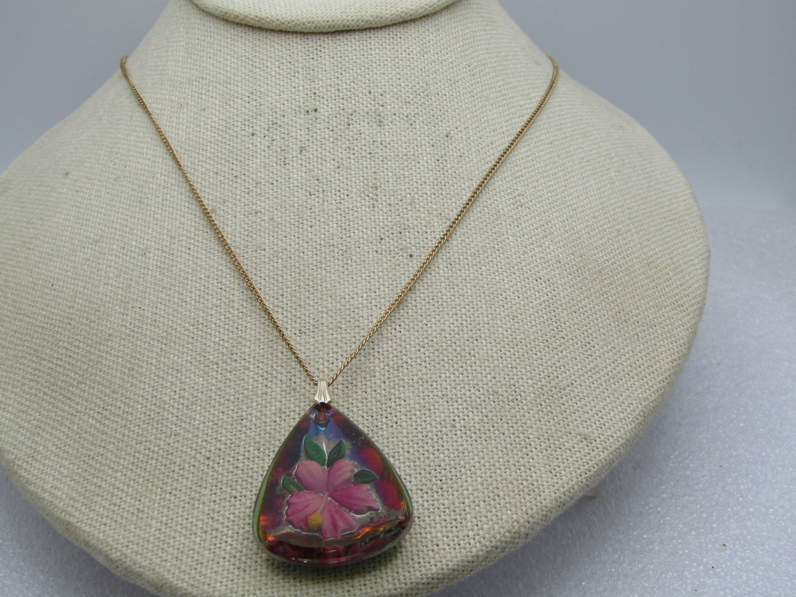 Vintage Reverse Pressed Glass Floral Painted Necklace, 18", 1960's-1970's - 5