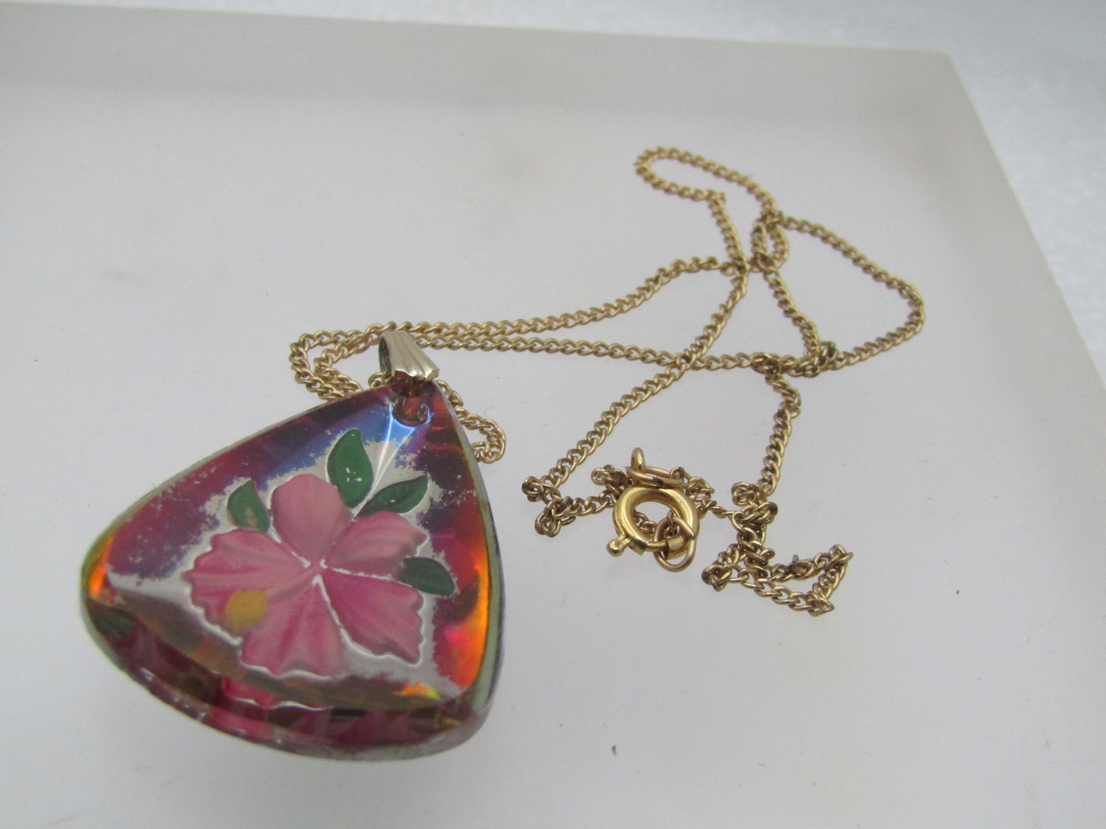 Vintage Reverse Pressed Glass Floral Painted Necklace, 18", 1960's-1970's - 6