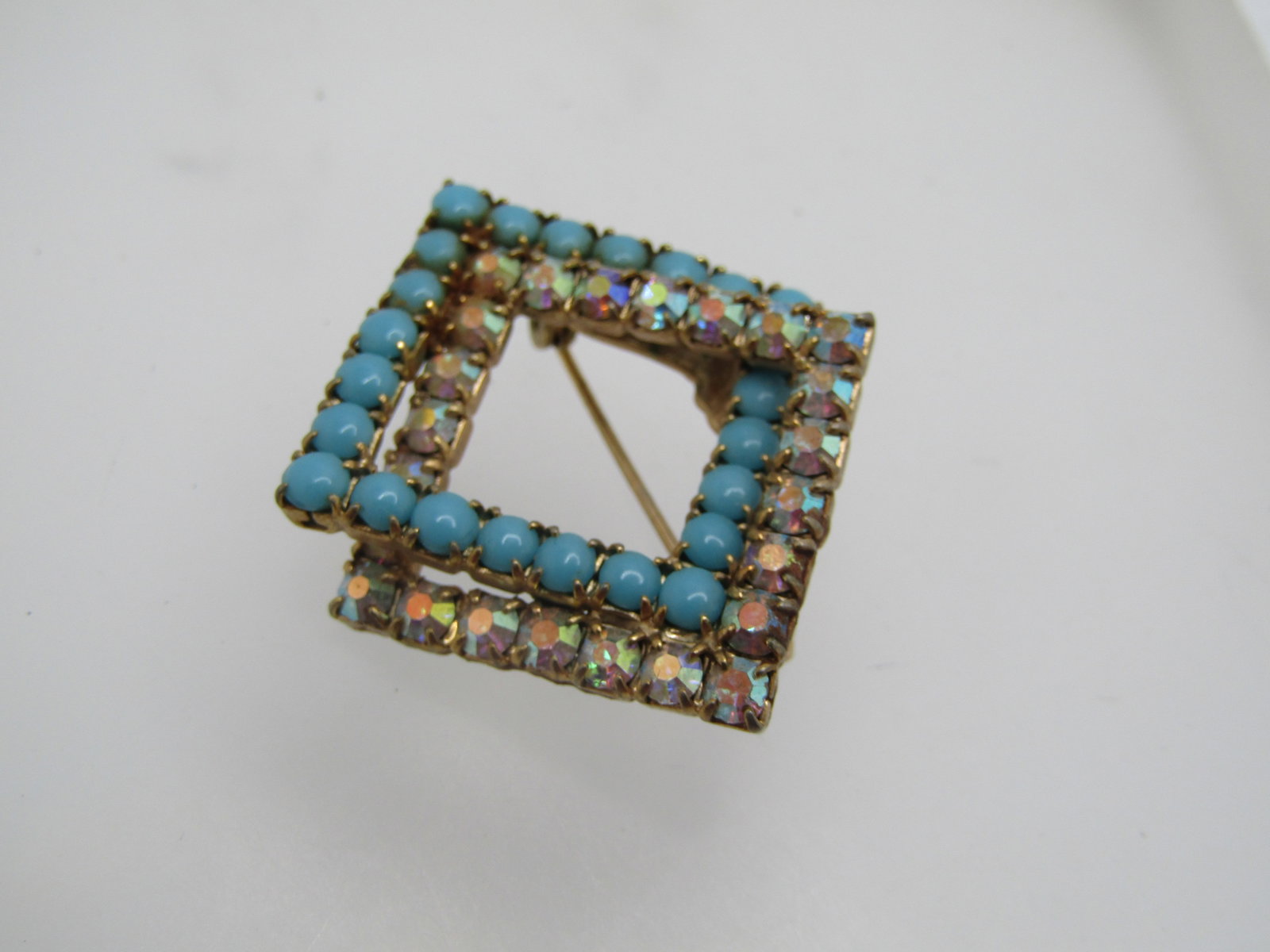 Vintage Turquoise and AB Glass Square Brooch, 1950s-1960's - 3