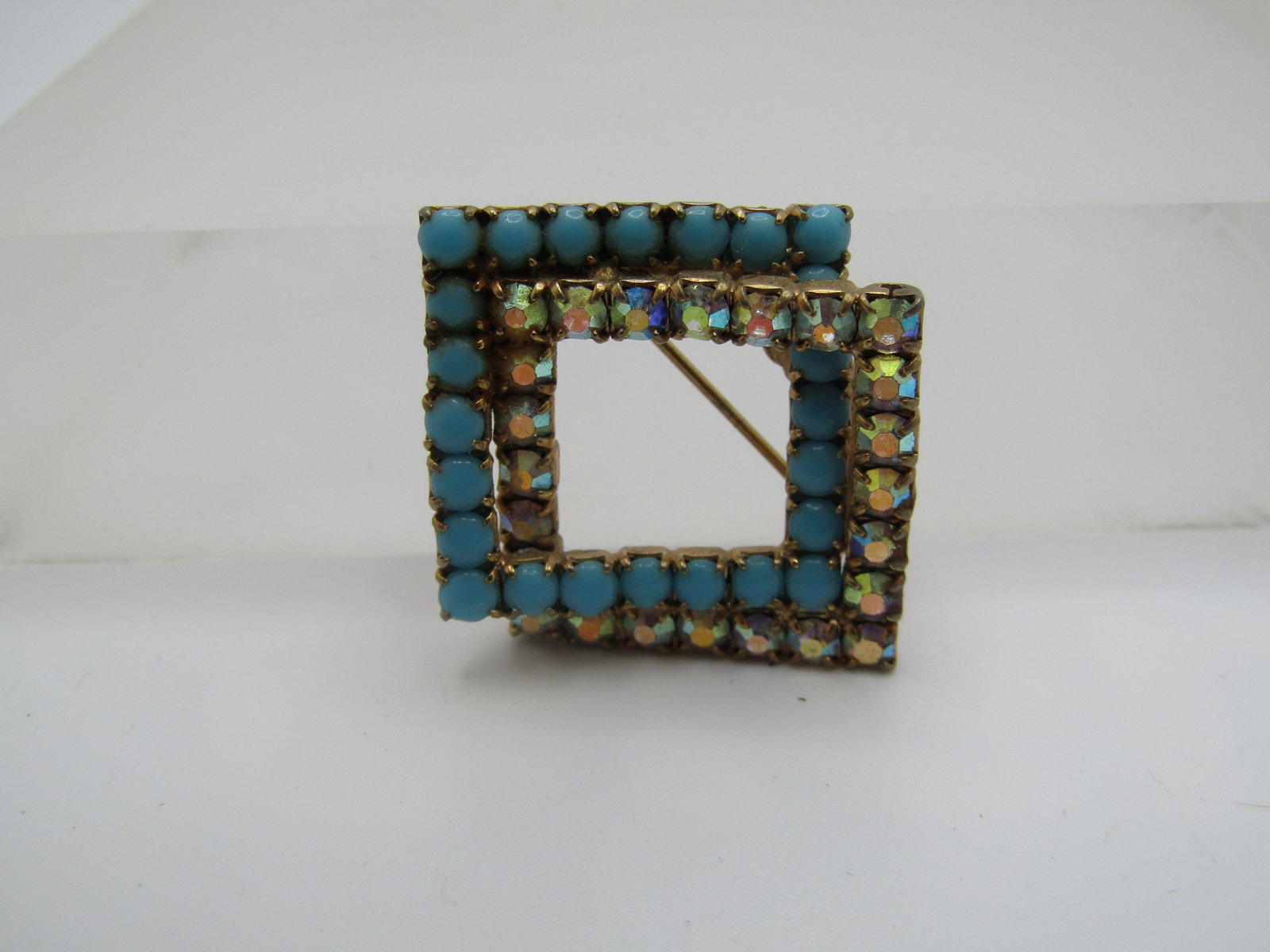 Vintage Turquoise and AB Glass Square Brooch, 1950s-1960's - 4