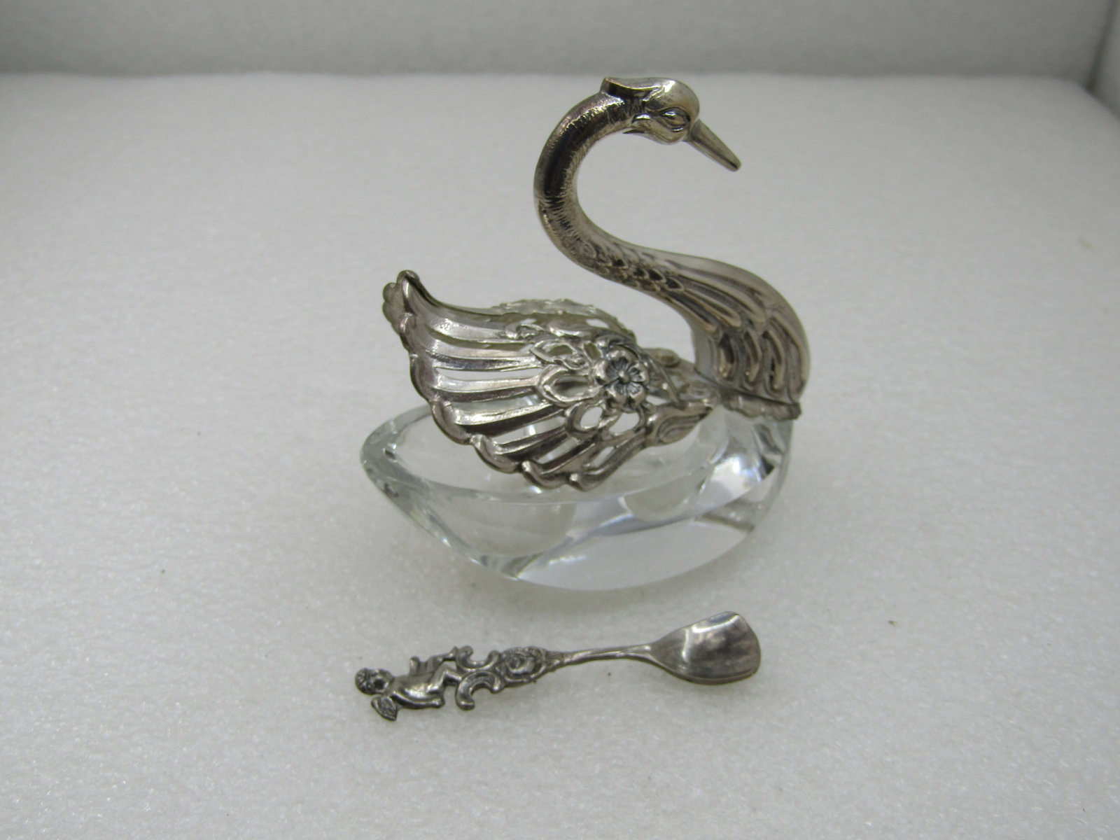 Vintage .835 Silver & Glass Swan Salt Cellar with Spoon Signed Albo - 2