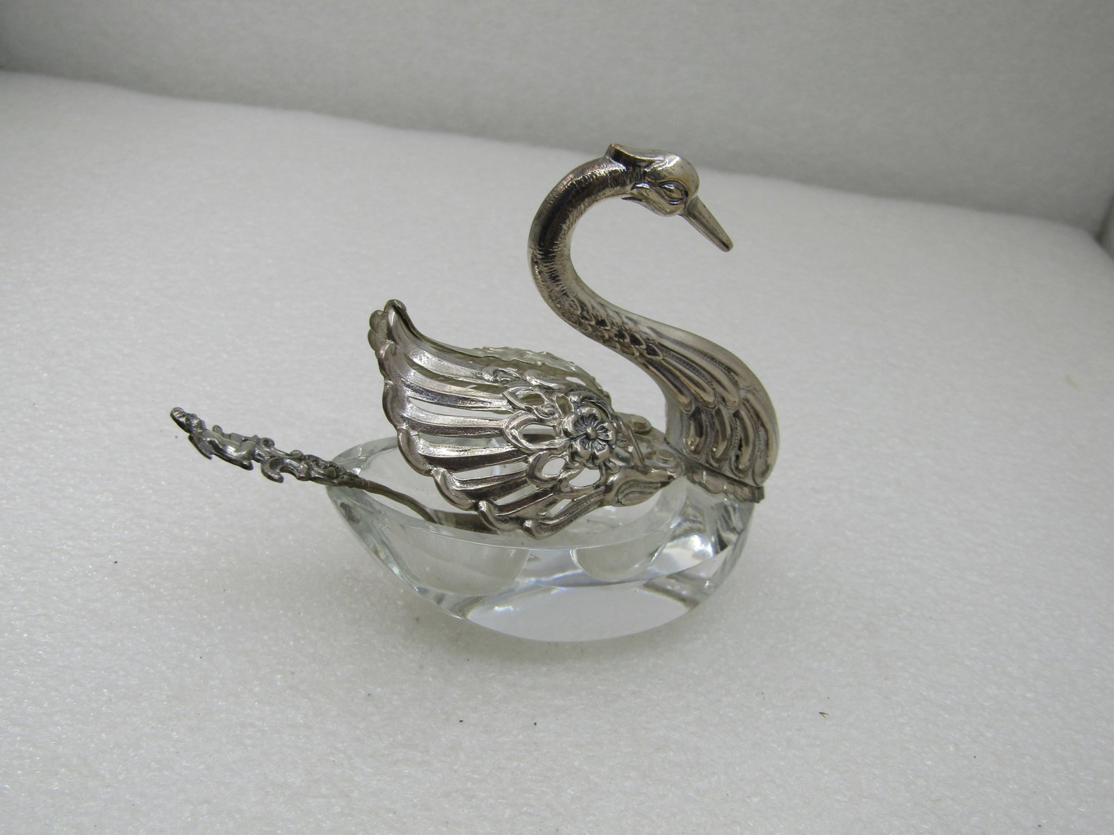 Vintage .835 Silver & Glass Swan Salt Cellar with Spoon Signed Albo - 3