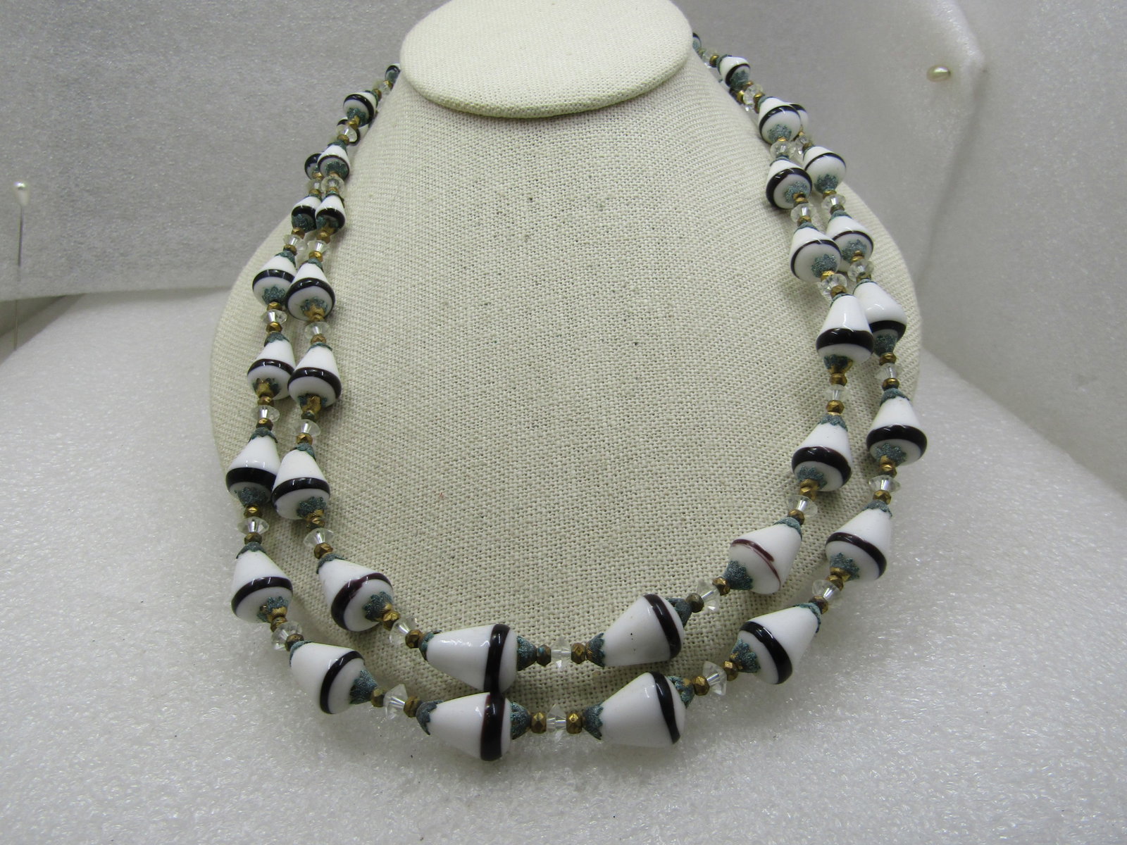 Vintage Double Strand Black & White Glass Beaded Necklace, 21" - 2