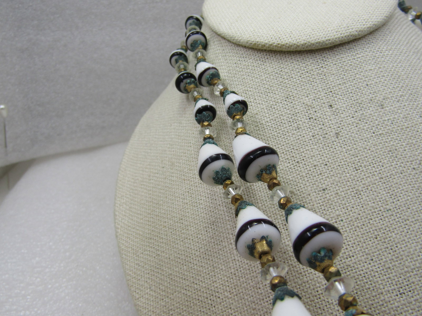 Vintage Double Strand Black & White Glass Beaded Necklace, 21" - 3