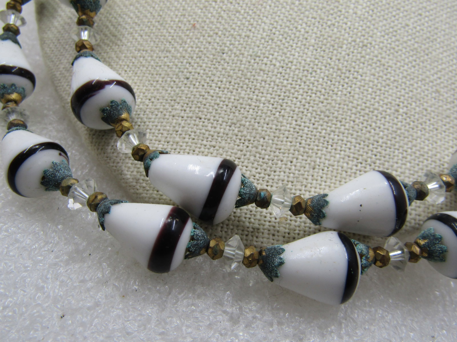 Vintage Double Strand Black & White Glass Beaded Necklace, 21" - 4