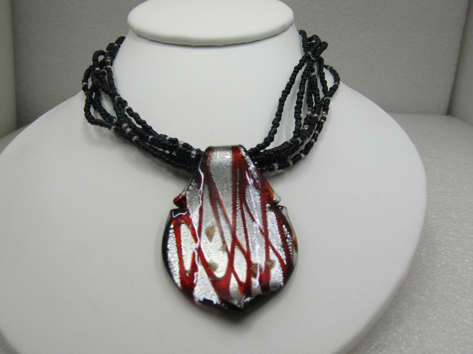 Blown Glass Multi-Strand Seed Bead Necklace 21.5", Black, Red,Silver (1 of 5)