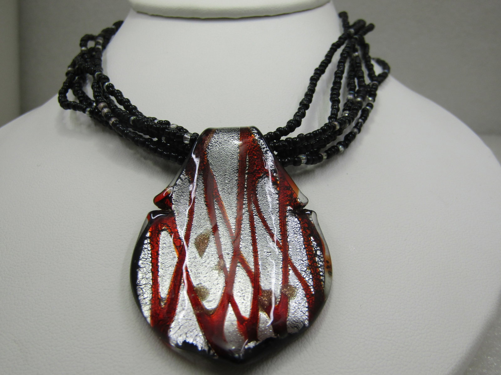 Blown Glass Multi-Strand Seed Bead Necklace 21.5", Black, Red,Silver - 2