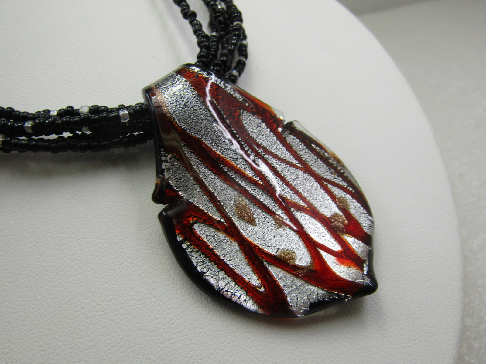 Blown Glass Multi-Strand Seed Bead Necklace 21.5", Black, Red,Silver - 3