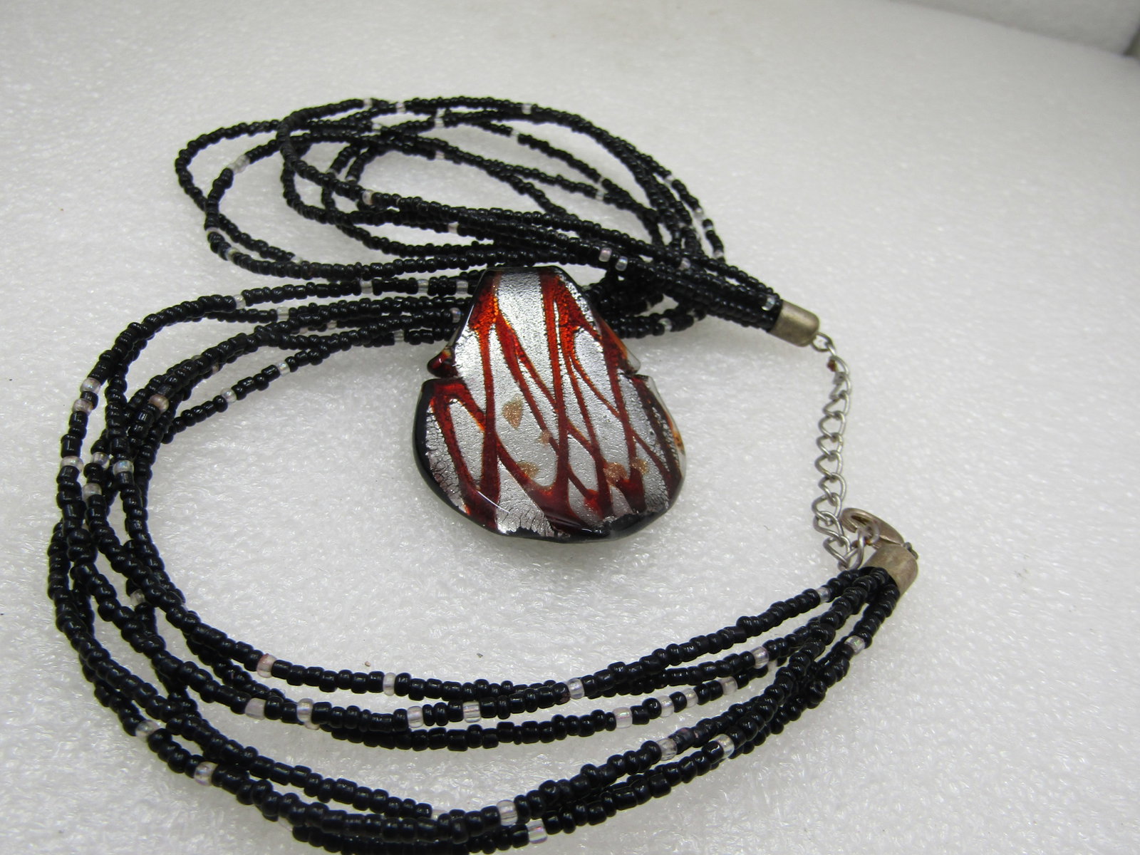 Blown Glass Multi-Strand Seed Bead Necklace 21.5", Black, Red,Silver - 5