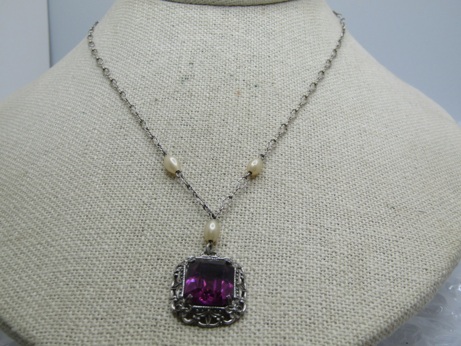 Vintage Sterling Filigree Purple & Pearl Necklace, Art Deco Themed, 16" - 3