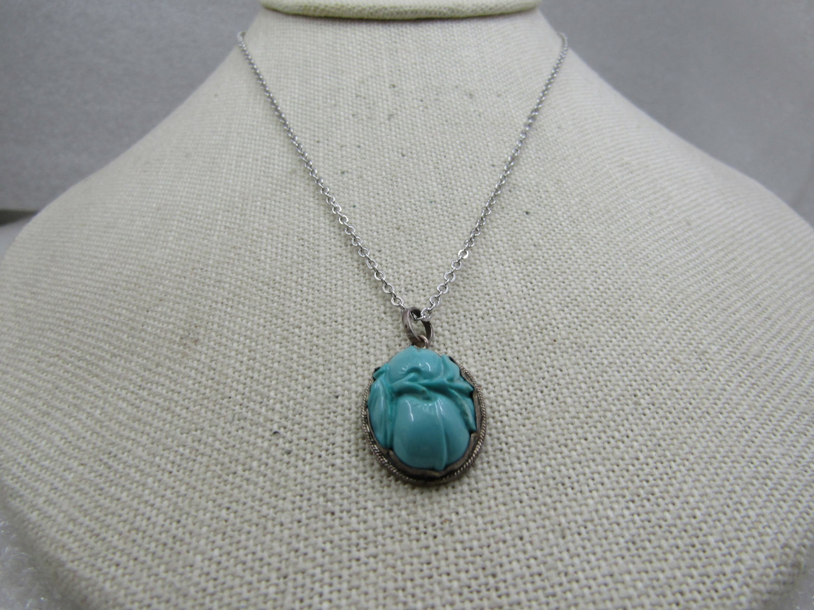Vintage Silver Turquoise Glass Necklace with 15" Chain - 3