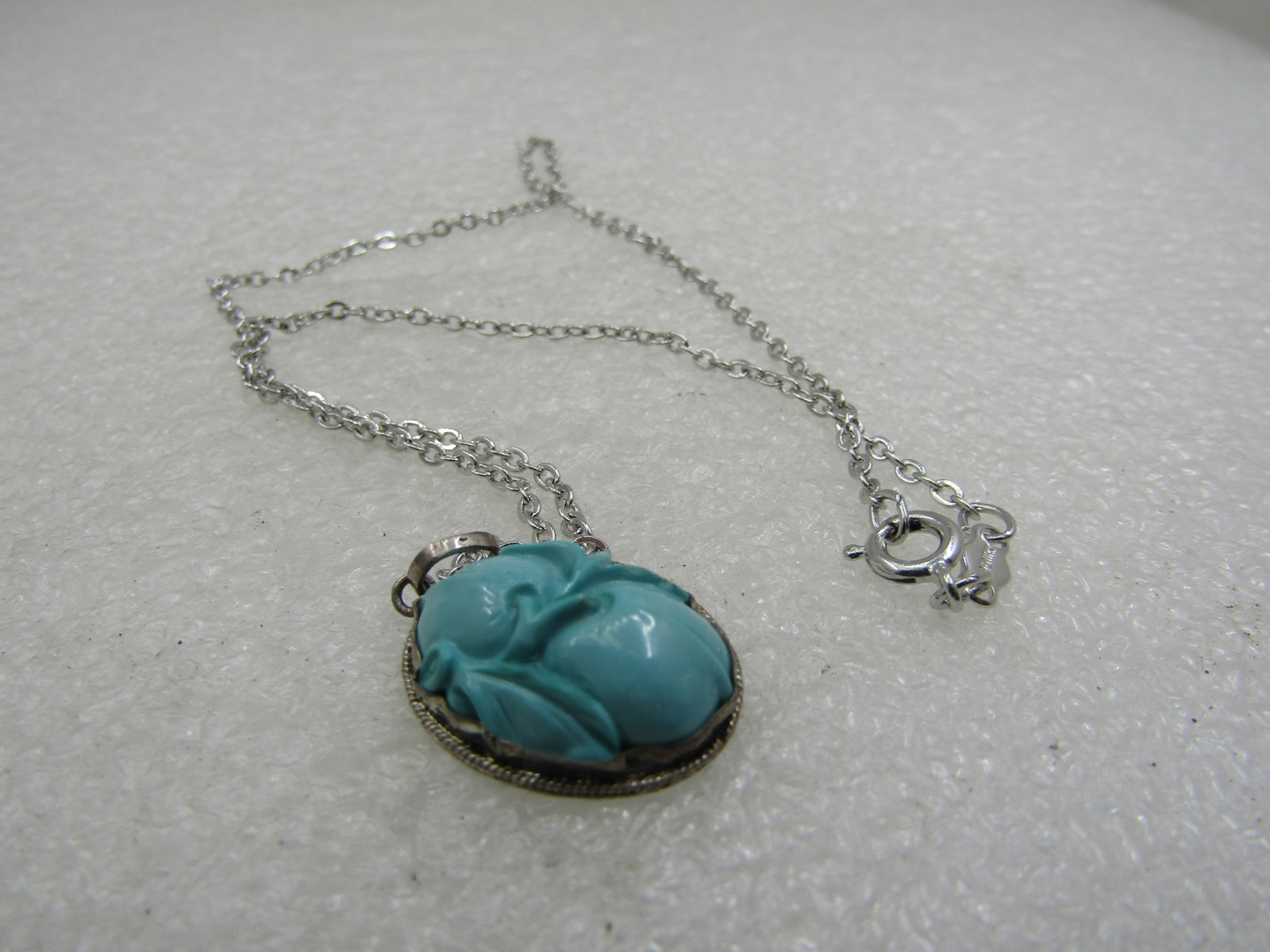 Vintage Silver Turquoise Glass Necklace with 15" Chain - 5