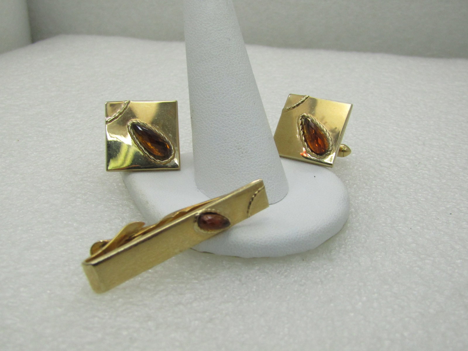 Vintage Swank Cufflinks Tie Bar Set, 1960's, Gold Tone, Brown Faceted Stones - 2