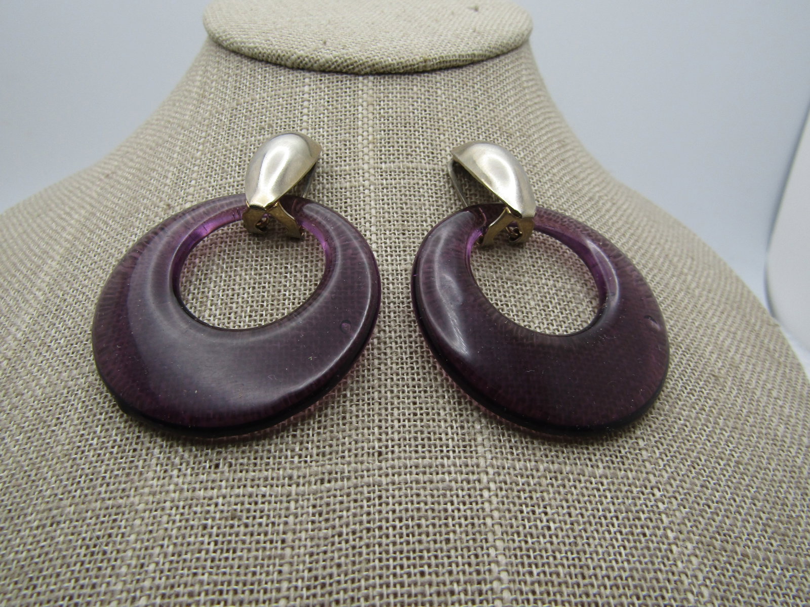Vintage Purple Glass Drop Hoop Stud Earrings, 1980's-1990's: Title: Vintage Purple Glass Drop Hoop Stud Earrings, 1980's-1990's Description: Vintage Purple Glass Drop Hoop Stud Earrings, 1980's-1990's. Theee have a sterling curved. Pierced top that the purple
