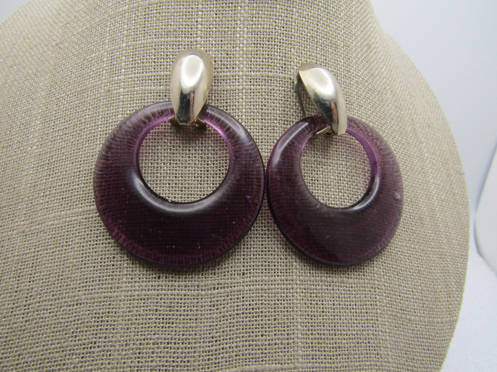 Vintage Purple Glass Drop Hoop Stud Earrings, 1980's-1990's - 2