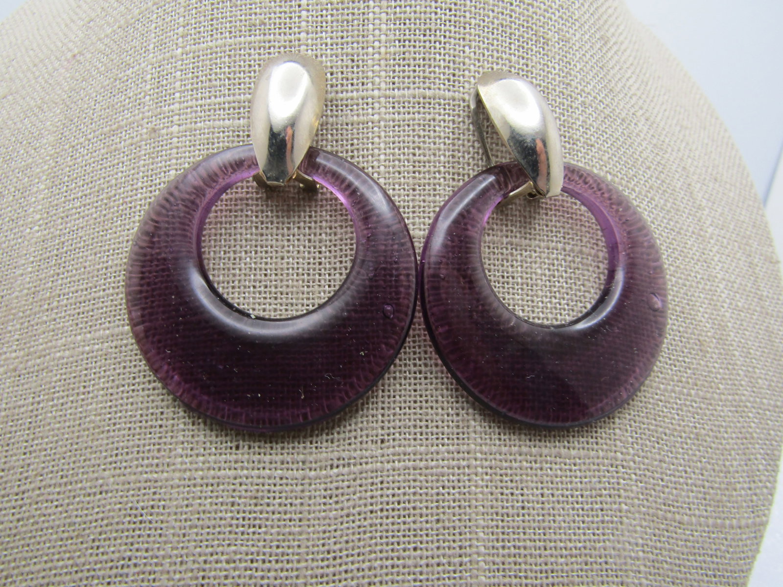 Vintage Purple Glass Drop Hoop Stud Earrings, 1980's-1990's - 3