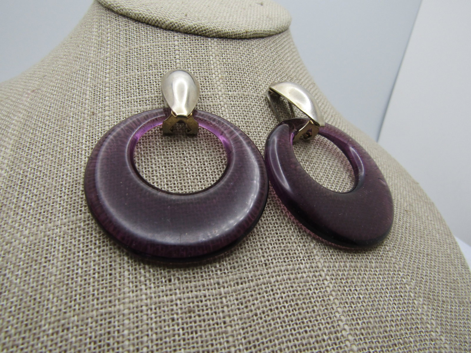 Vintage Purple Glass Drop Hoop Stud Earrings, 1980's-1990's - 4
