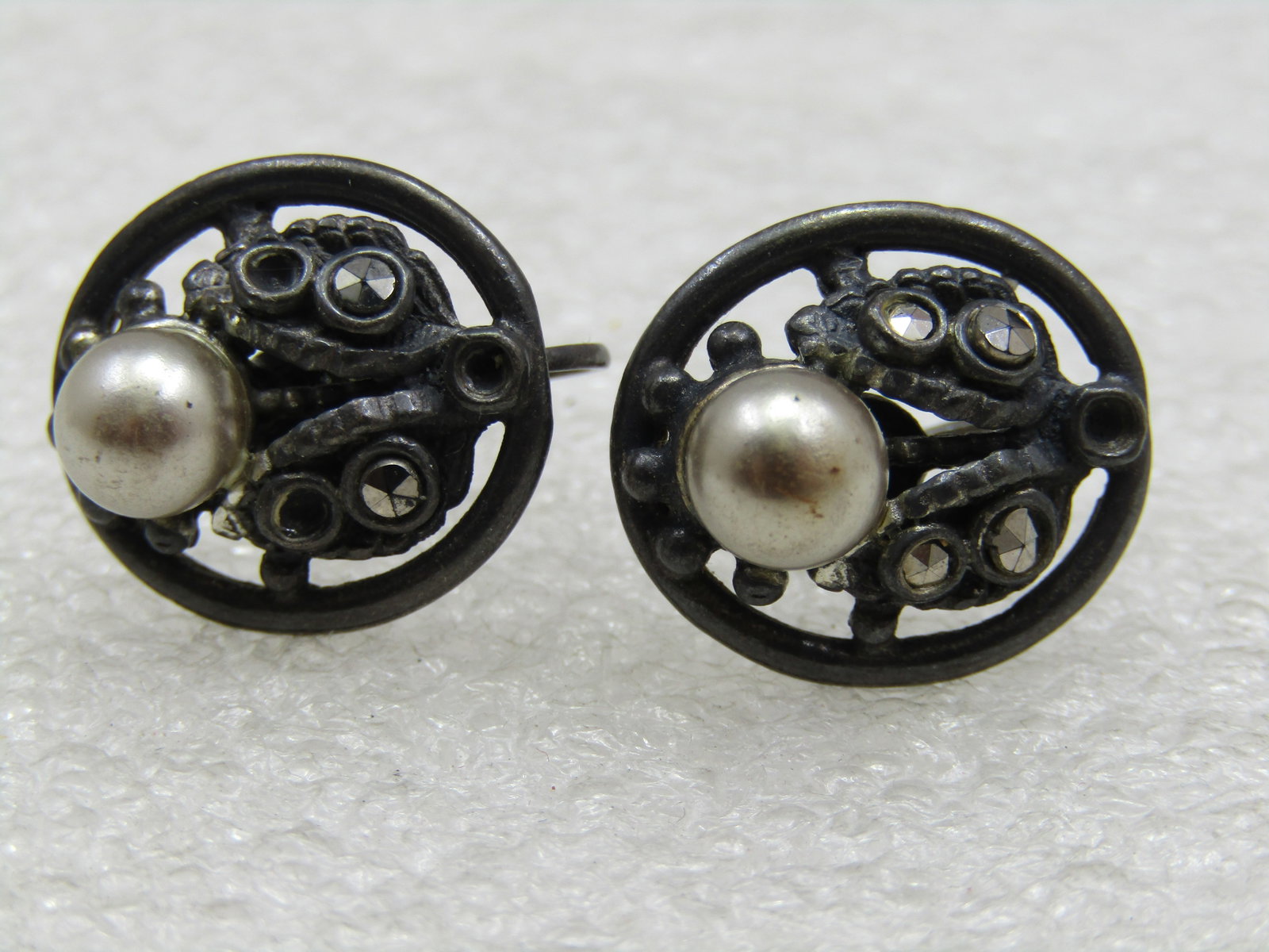 Vintage Faux Pearl Rhinestone Blossom Earrings, Screw Back, 1940's - 3