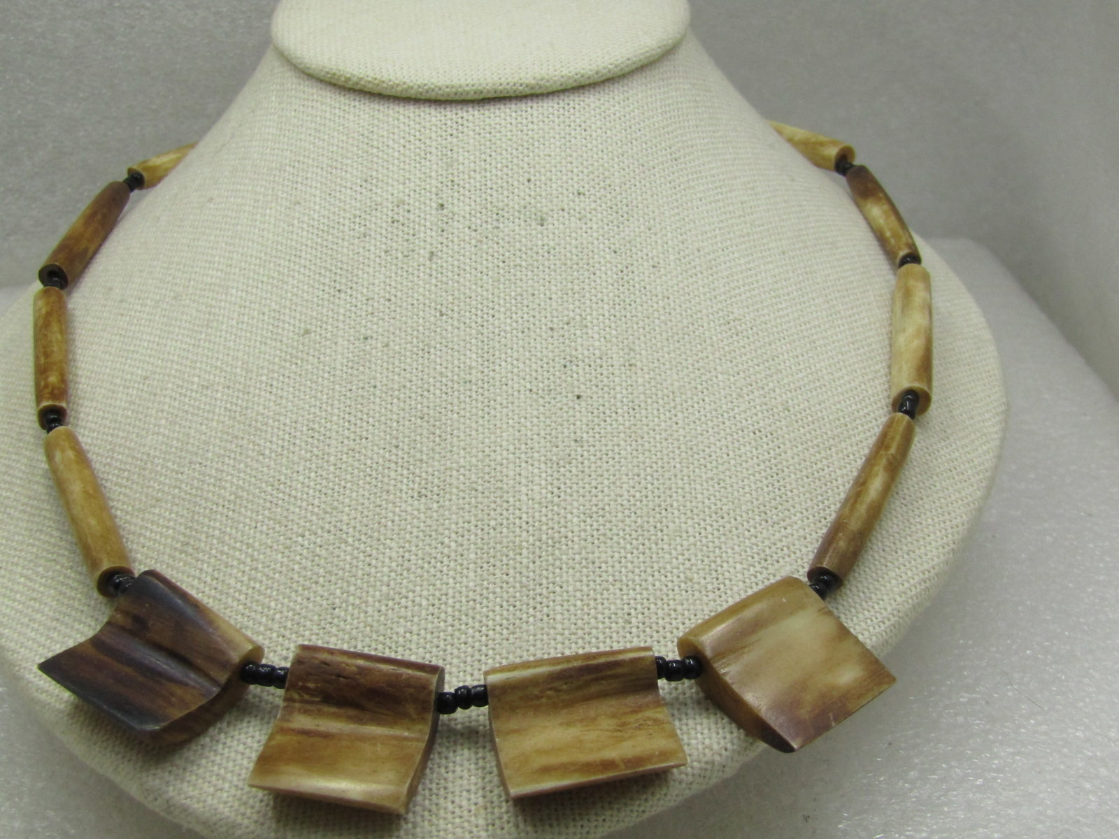 Vintage Bone & Black Glass Beaded Tribal Necklace, 21.5" (1 of 5)