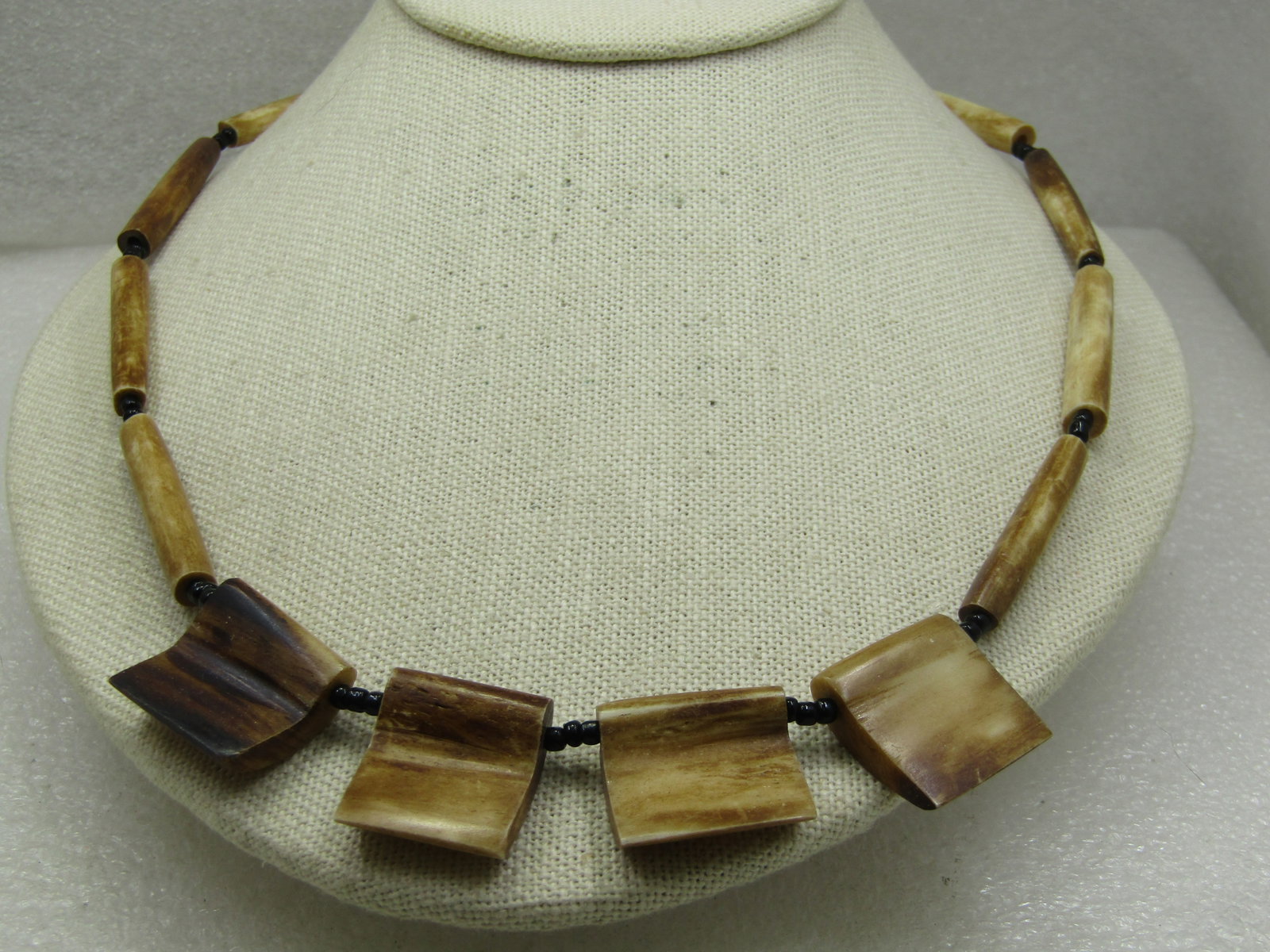 Vintage Bone & Black Glass Beaded Tribal Necklace, 21.5" - 2