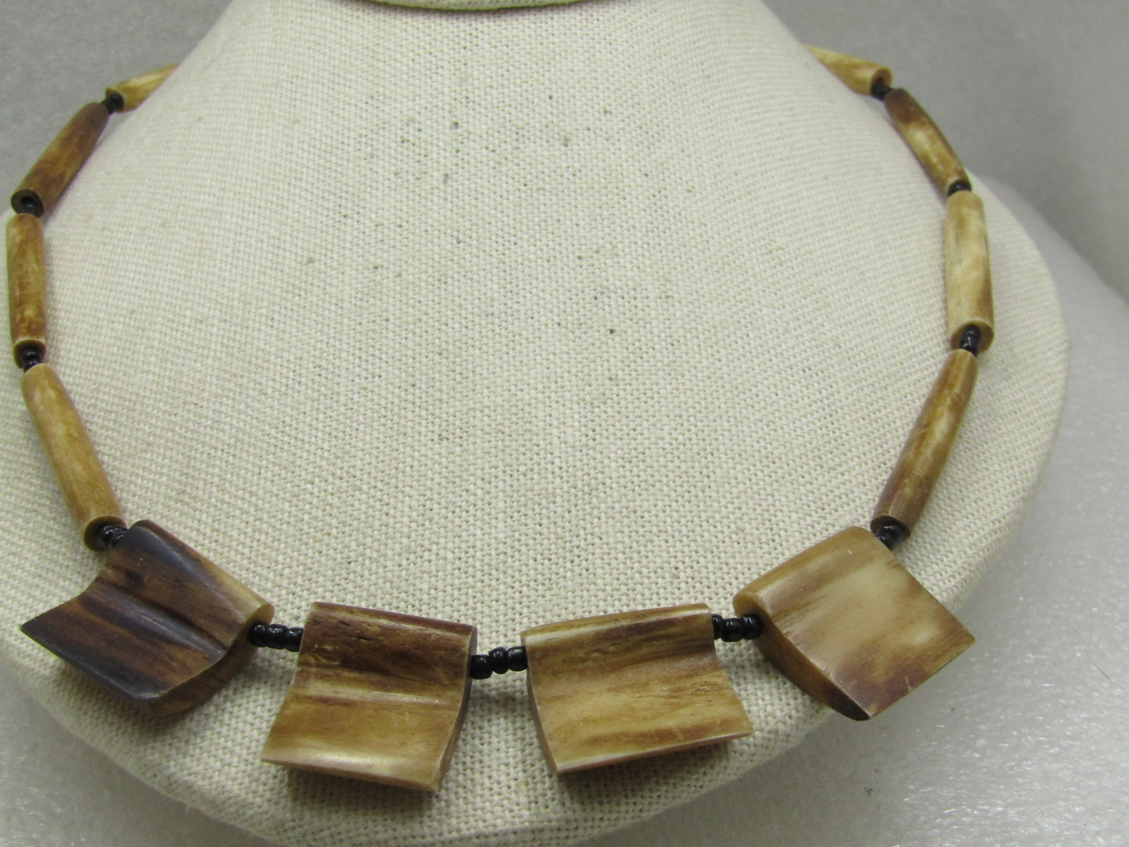 Vintage Bone & Black Glass Beaded Tribal Necklace, 21.5" - 3