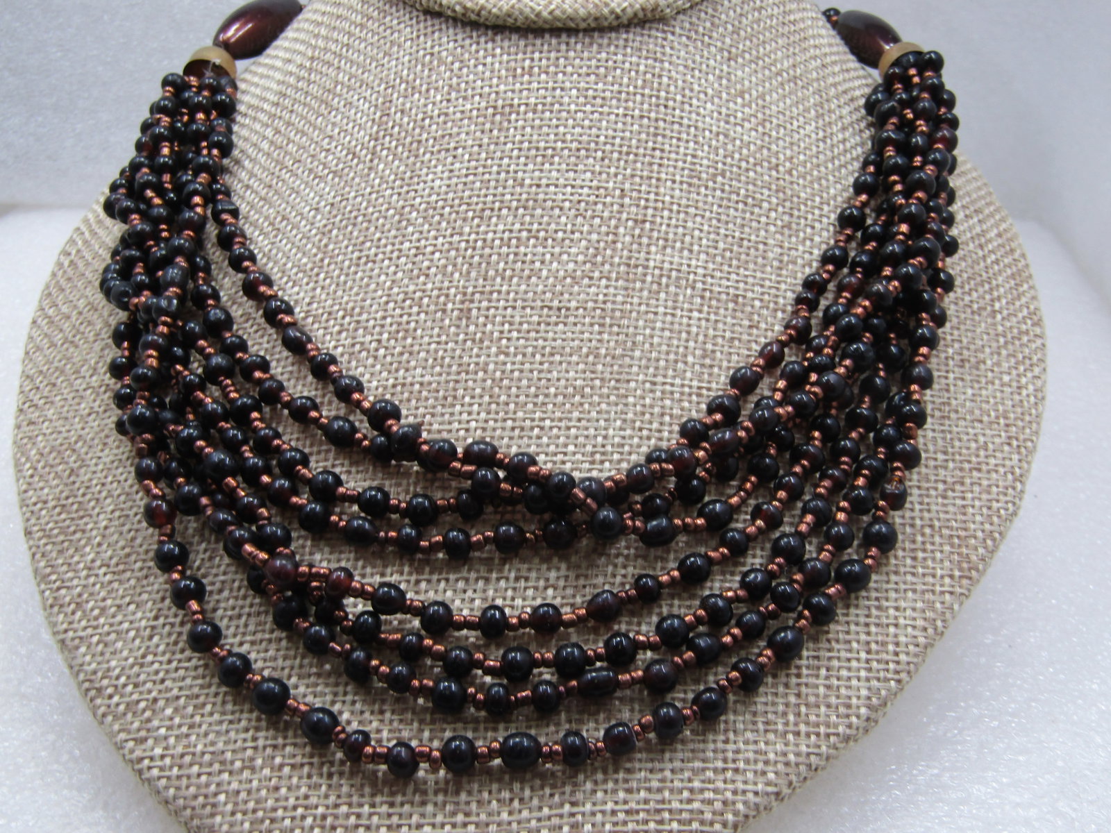 Vintage Black & Copper Beaded Necklace, Multi-Strand - 2
