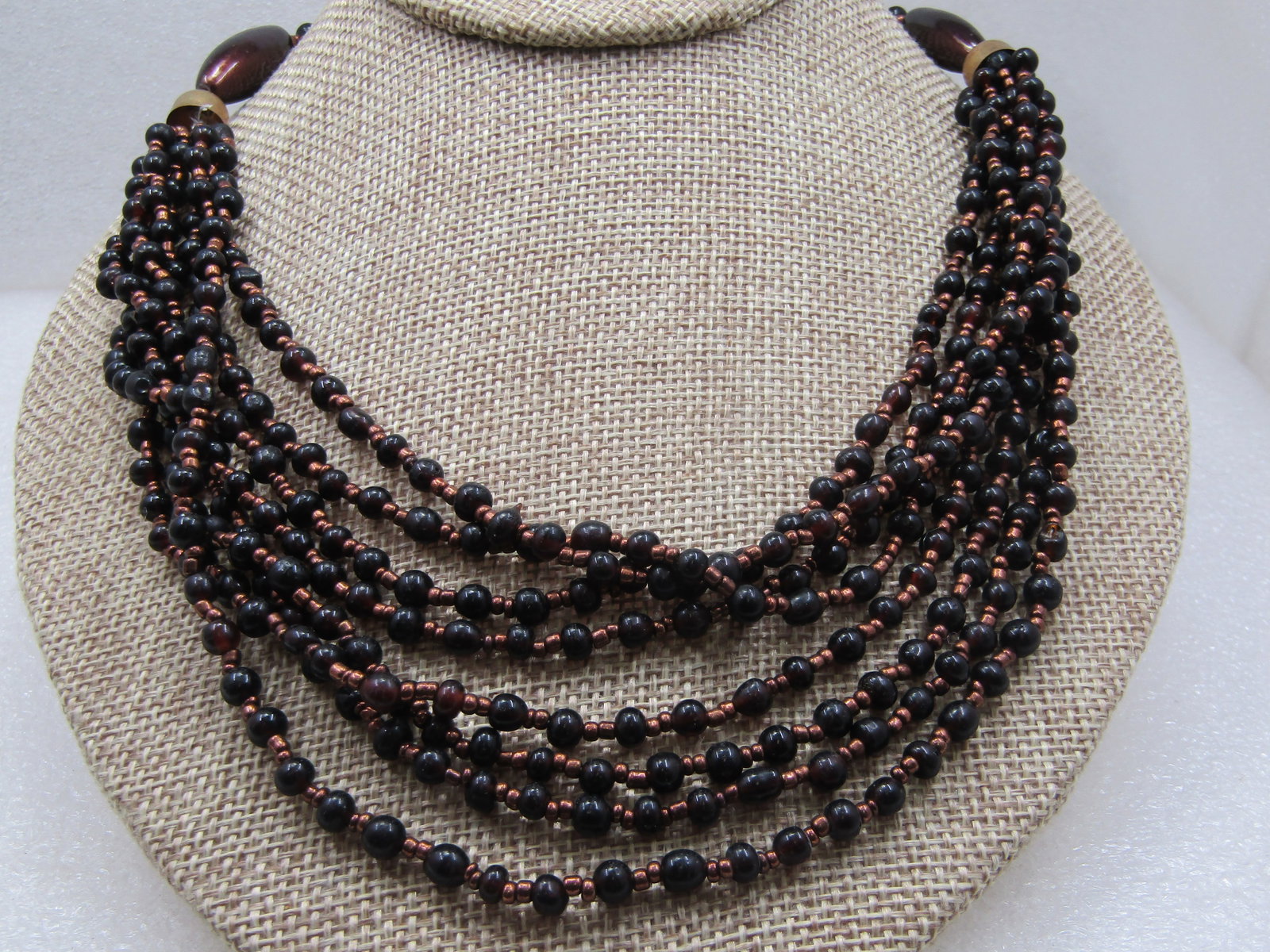 Vintage Black & Copper Beaded Necklace, Multi-Strand - 3