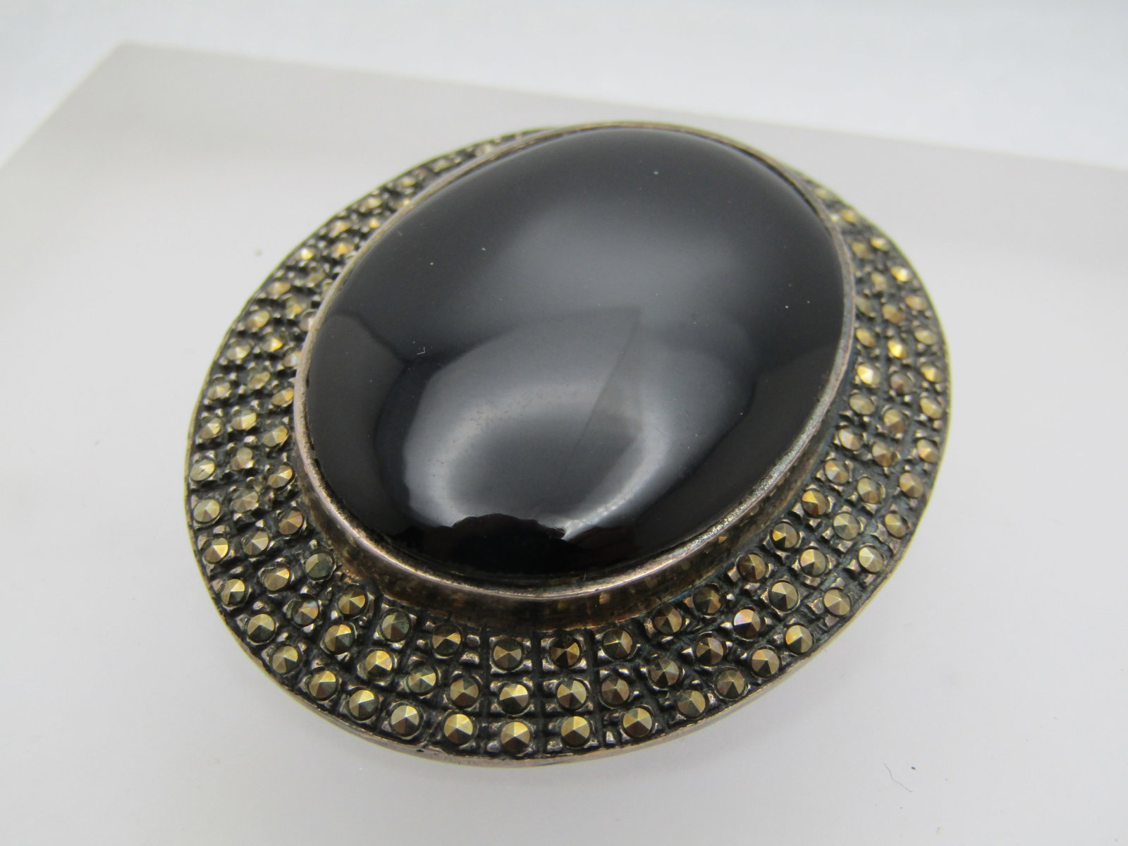 Vintage Sterling Black Marcasite Brooch, Signed V, 2" by 1.75" - 2