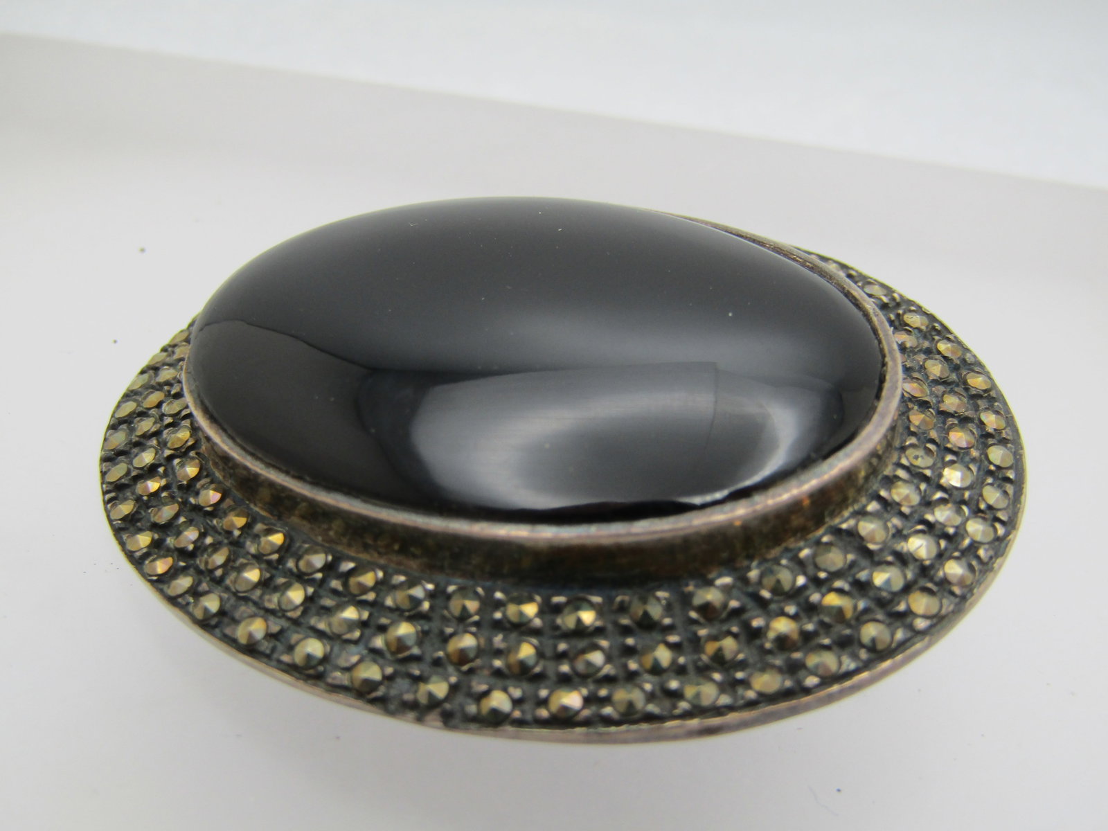 Vintage Sterling Black Marcasite Brooch, Signed V, 2" by 1.75" - 3