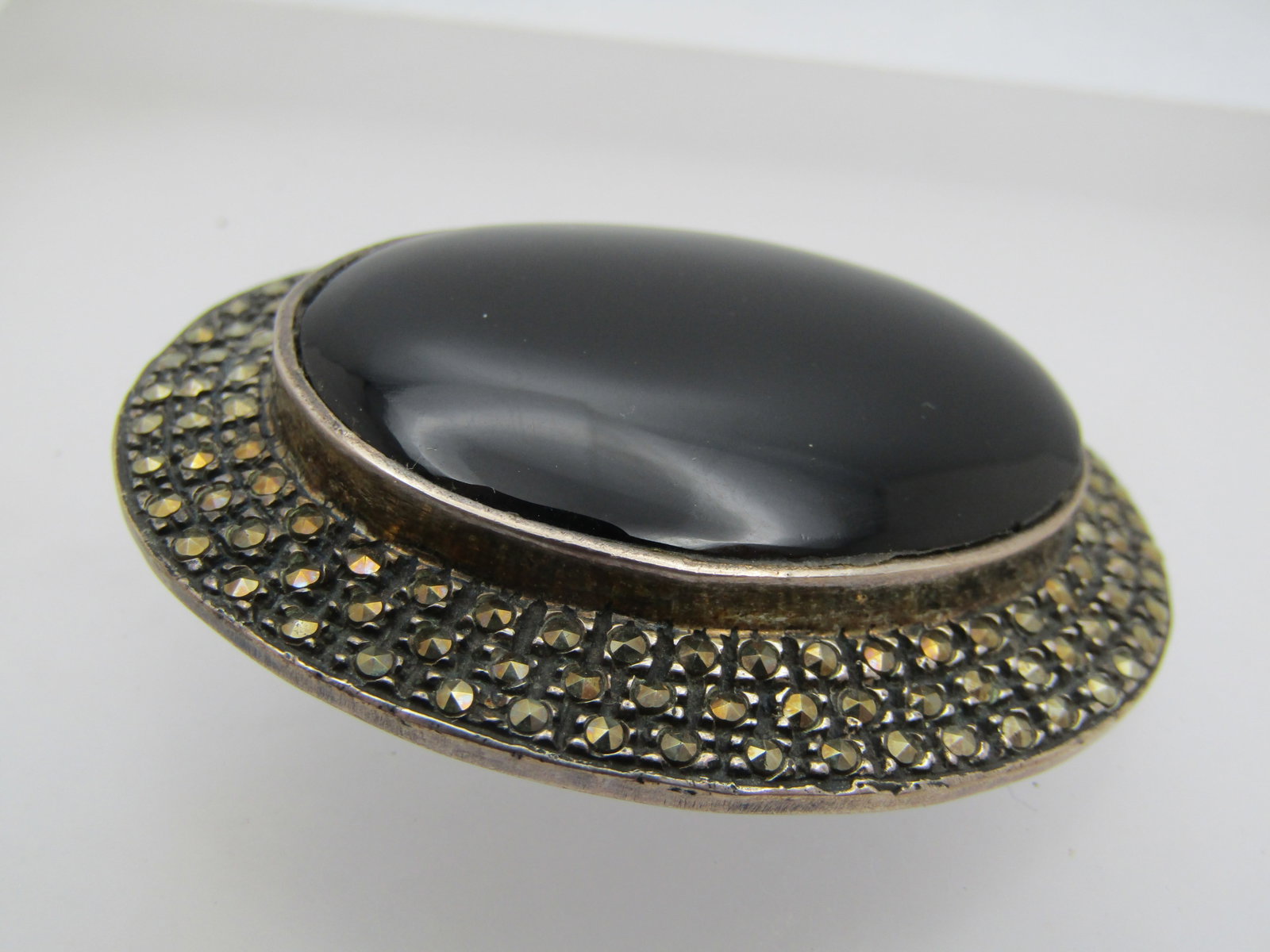 Vintage Sterling Black Marcasite Brooch, Signed V, 2" by 1.75" - 4