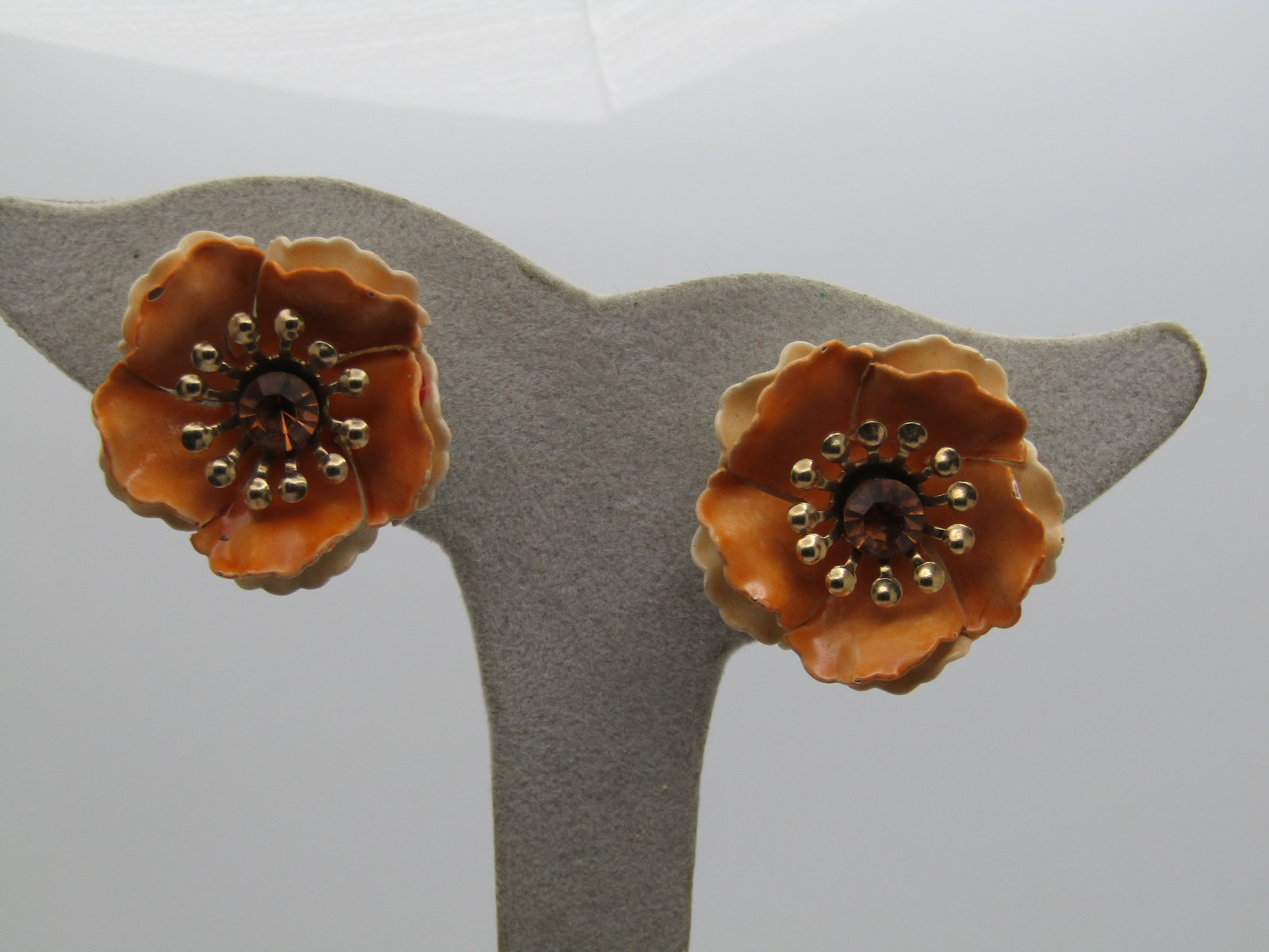 Vintage Coro Orange & Cream Clip Earrings, Rhinestone, 1940's-1950's - 2