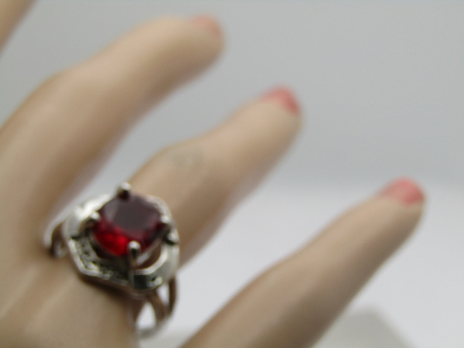 Red Glass Stone Fashion Ring, Sz. 7.5, 1980's-1990's - 6