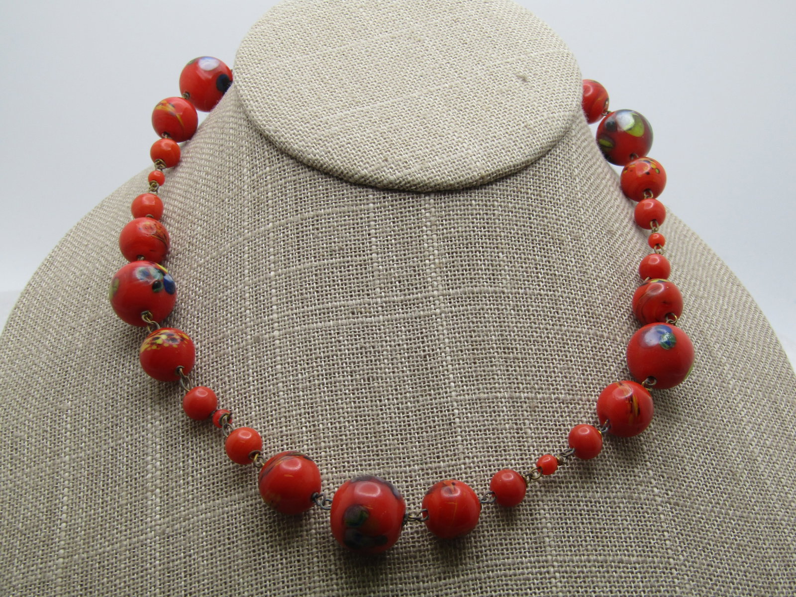 Vintage 1950's-1960's Orange Art Glass Necklace, 16", Barrel Clasp. The beads are orange and range - 2