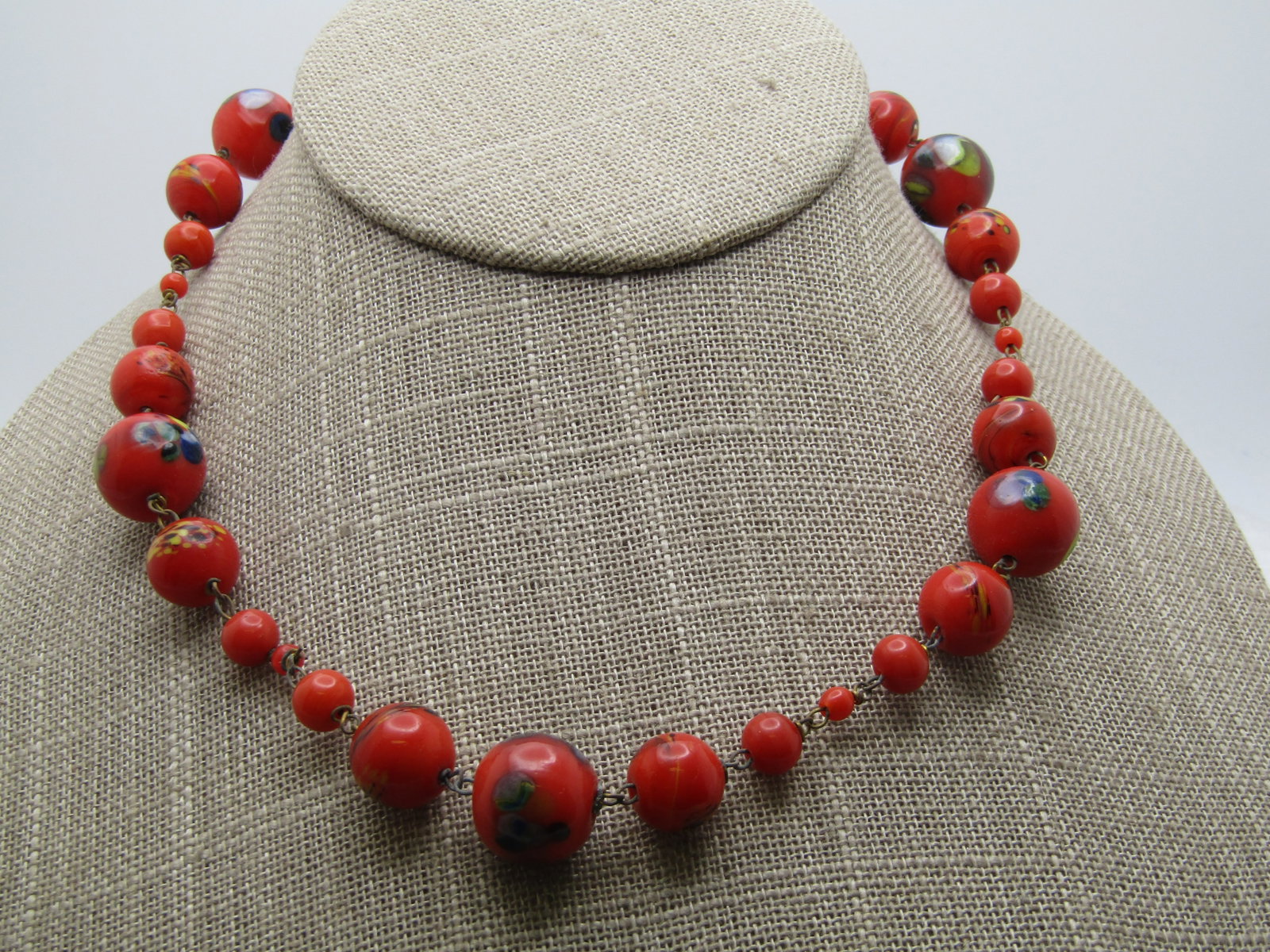 Vintage 1950's-1960's Orange Art Glass Necklace, 16", Barrel Clasp. The beads are orange and range - 3